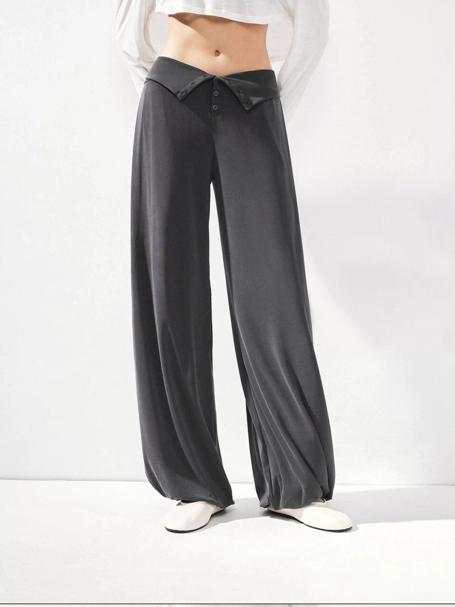 kvkv Foldable Motion Yoga Wide Ribbed Waistband Flared Tapered Pants