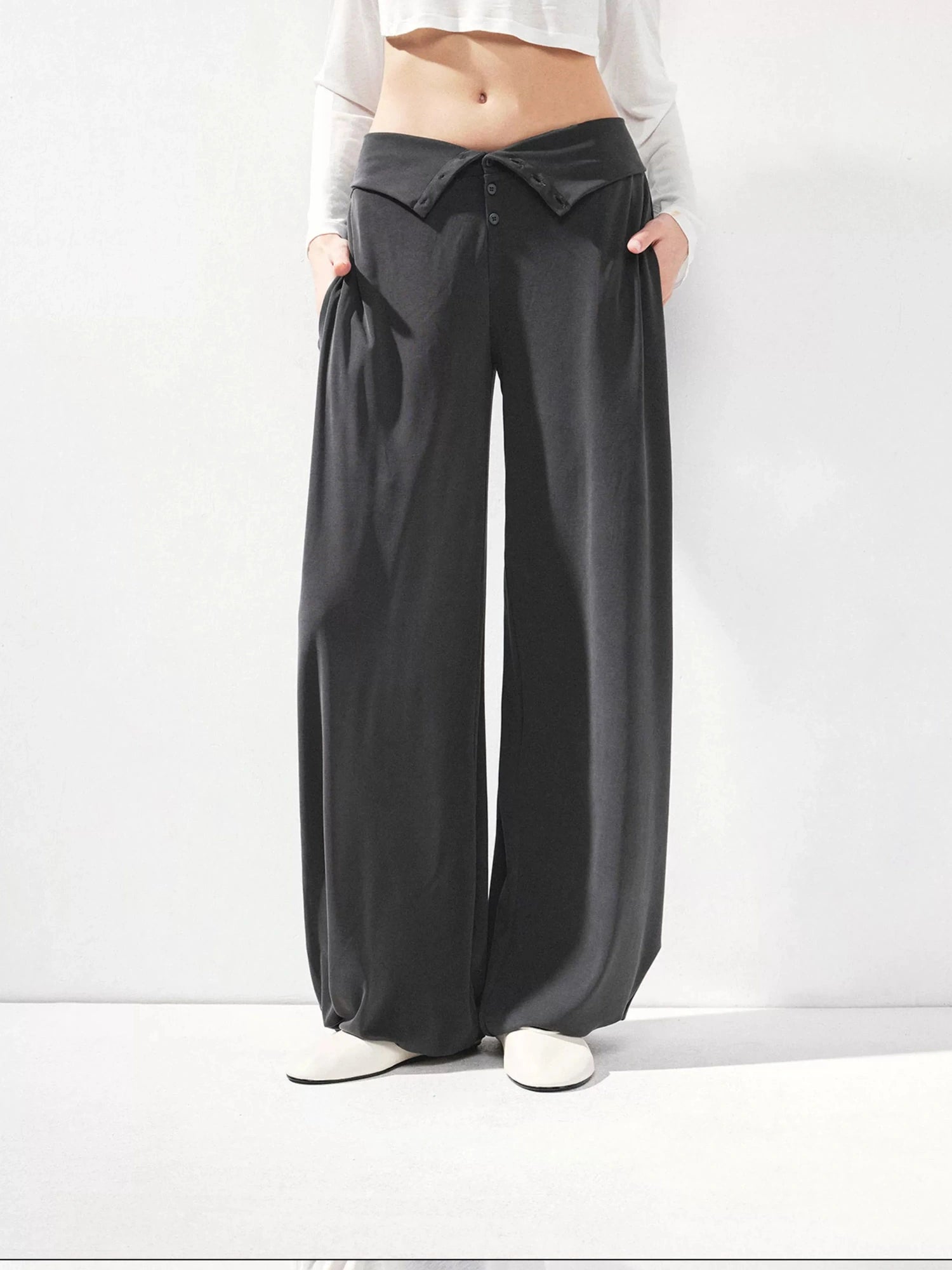 kvkv Foldable Motion Yoga Wide Ribbed Waistband Flared Tapered Pants