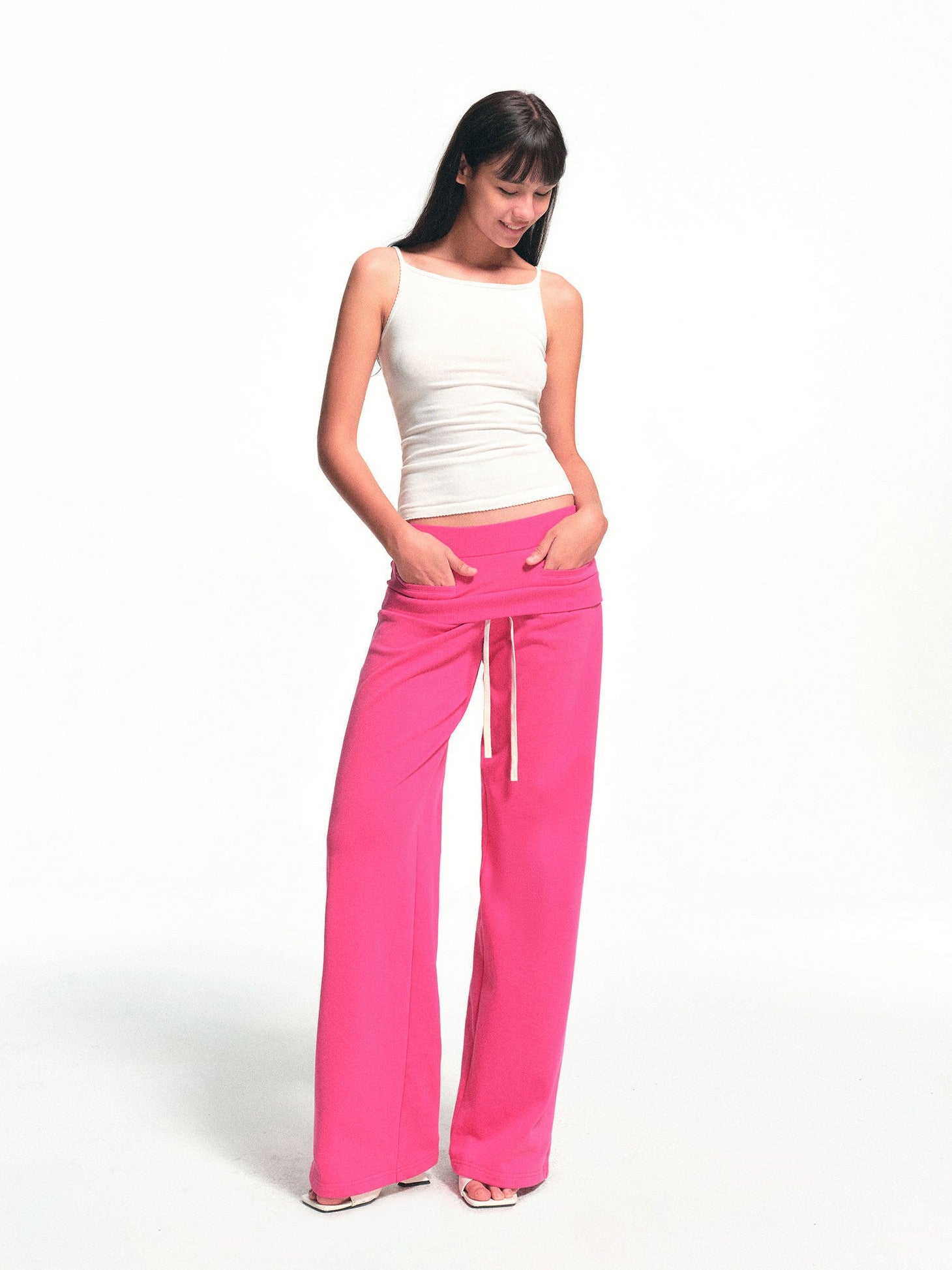 kvkv Fuchsia Double Waist Drawstring Wide Leg Pockets Drape Women&