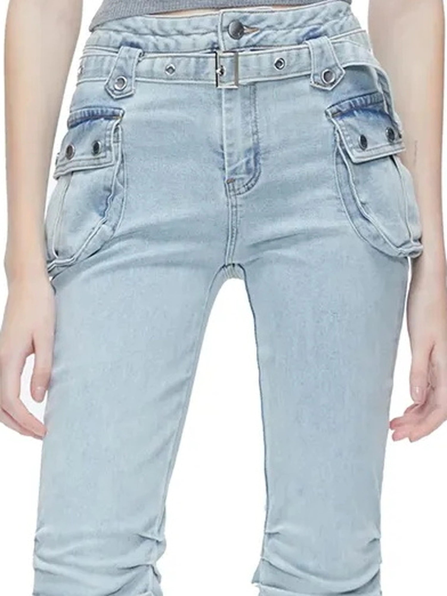 kvkv Functional Pocket Knee Fold High Waist Denim Flare Pants