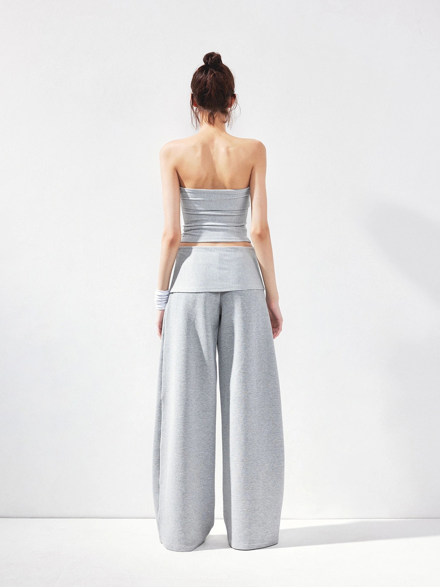 kvkv Gray Striped Fold Over Tie Front Yoga Top
