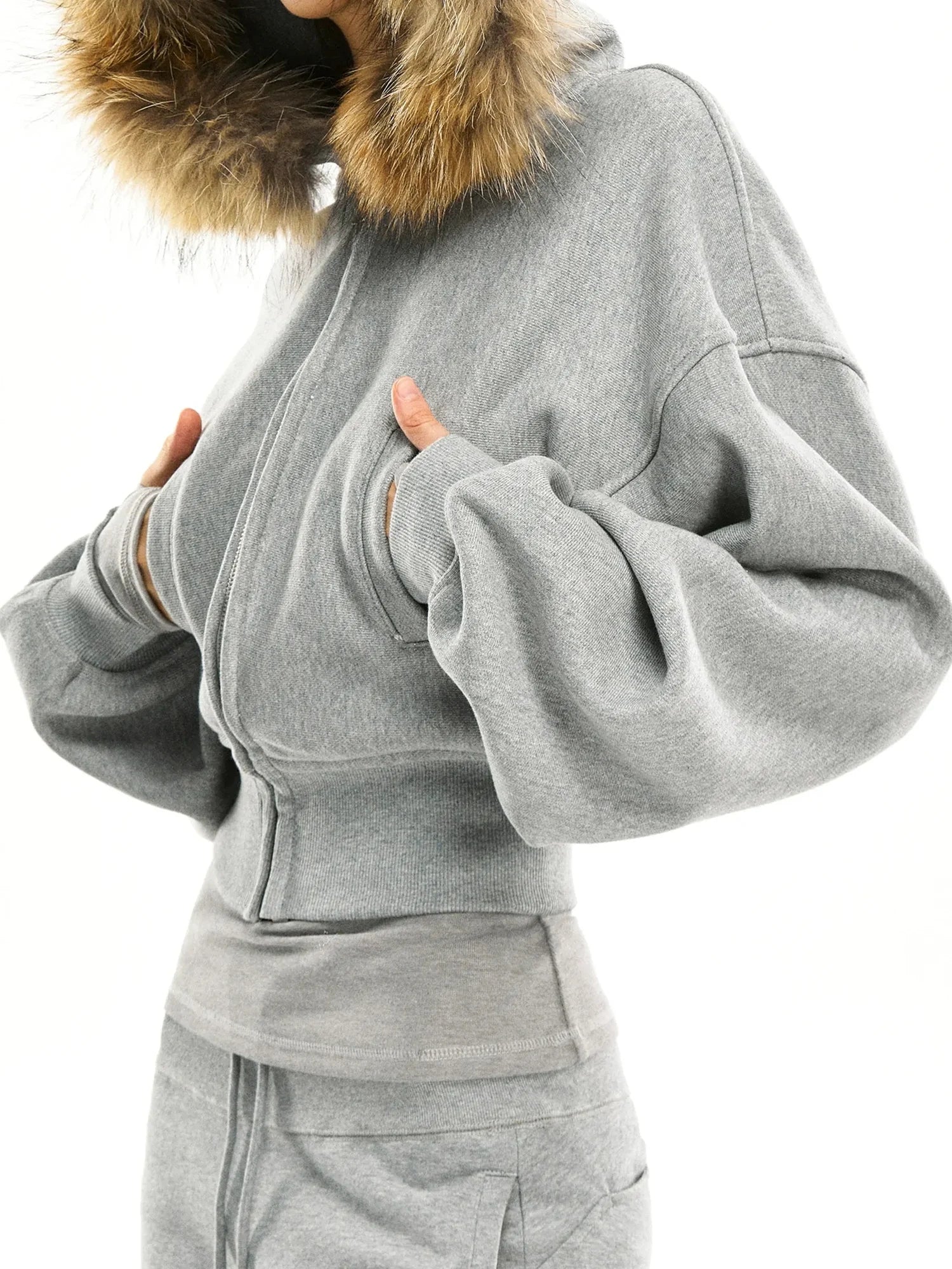 kvkv Grey Short Zip Hoodie With Raccoon Fur Trim