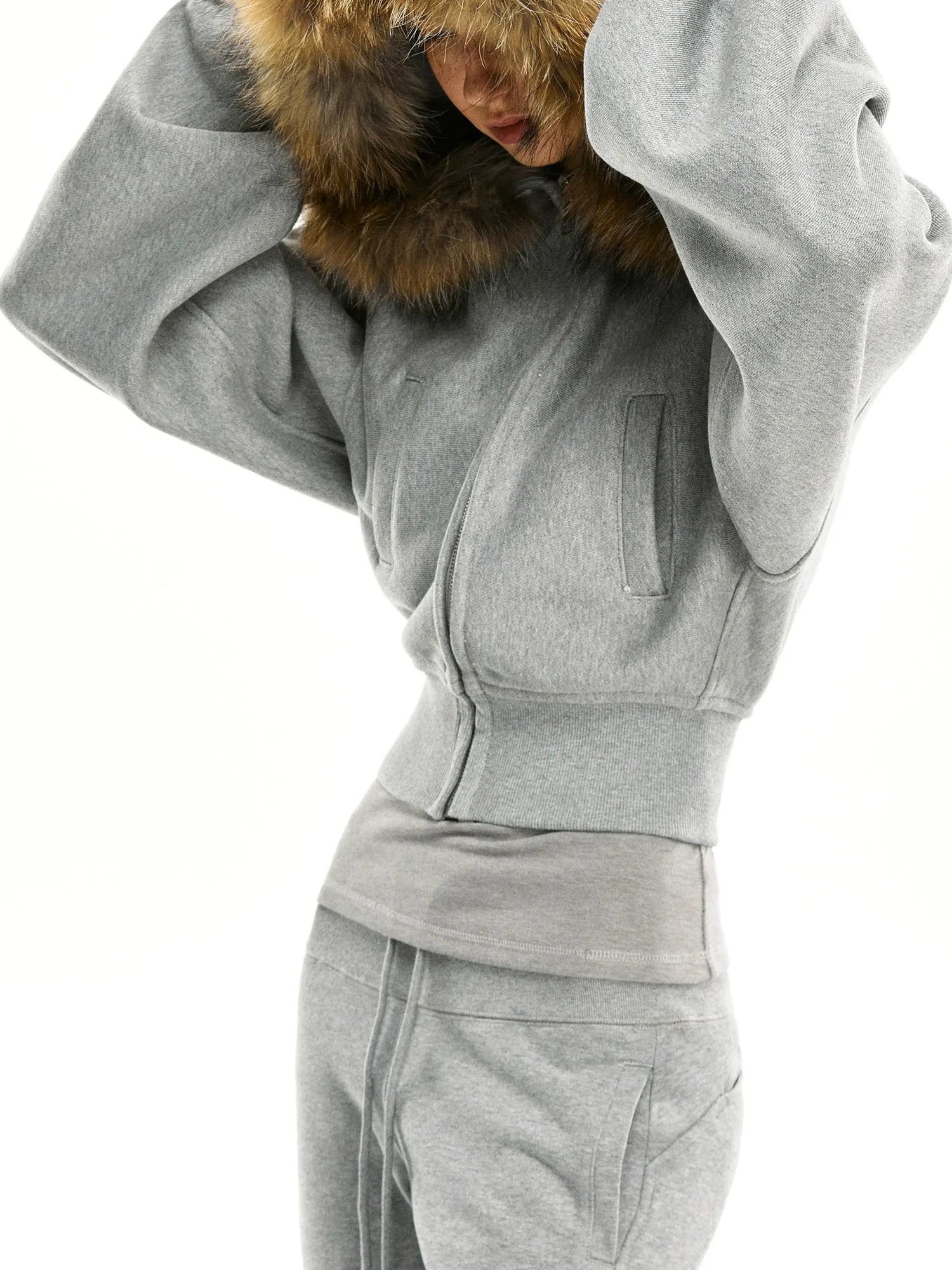 kvkv Grey Short Zip Hoodie With Raccoon Fur Trim