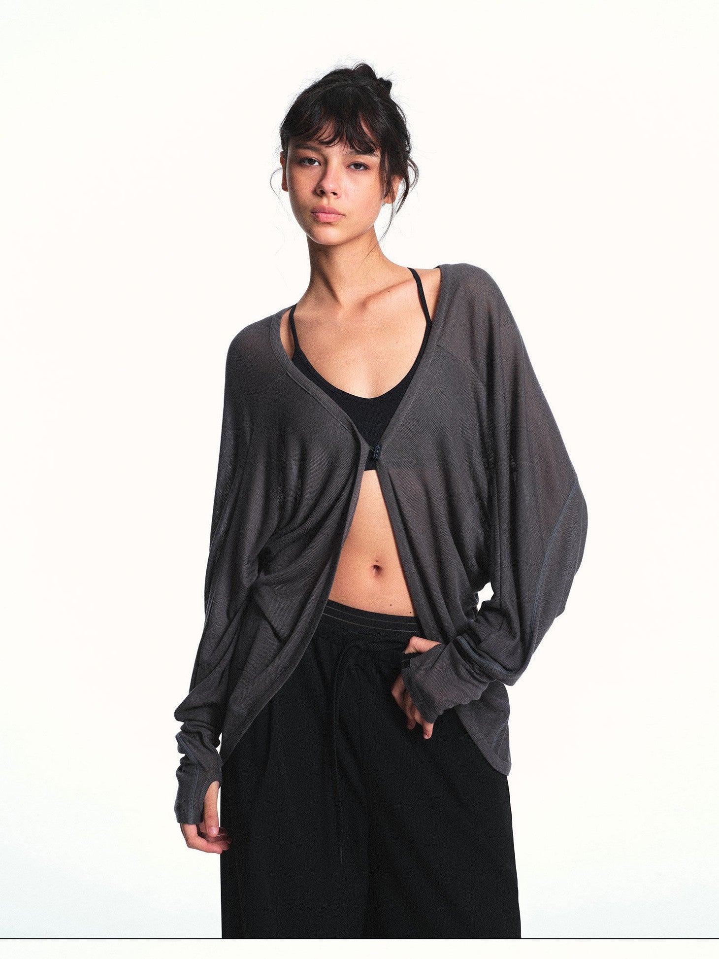 kvkv Grey Textured Semi Sheer Two Way Loose Women&