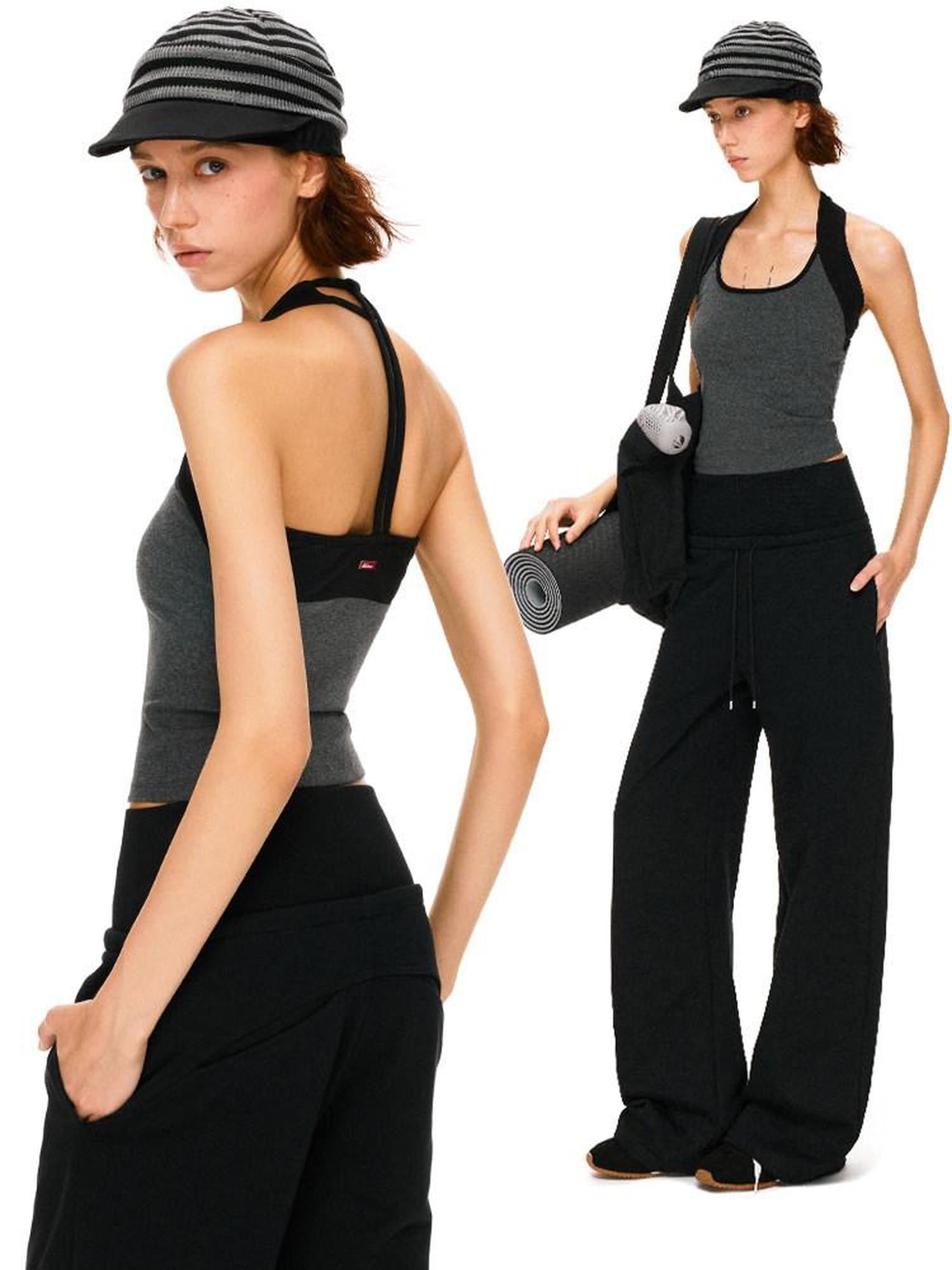 kvkv High Stretch Slim U Neck Strappy Yoga Women Cotton Blend Black Gray Tank Tops