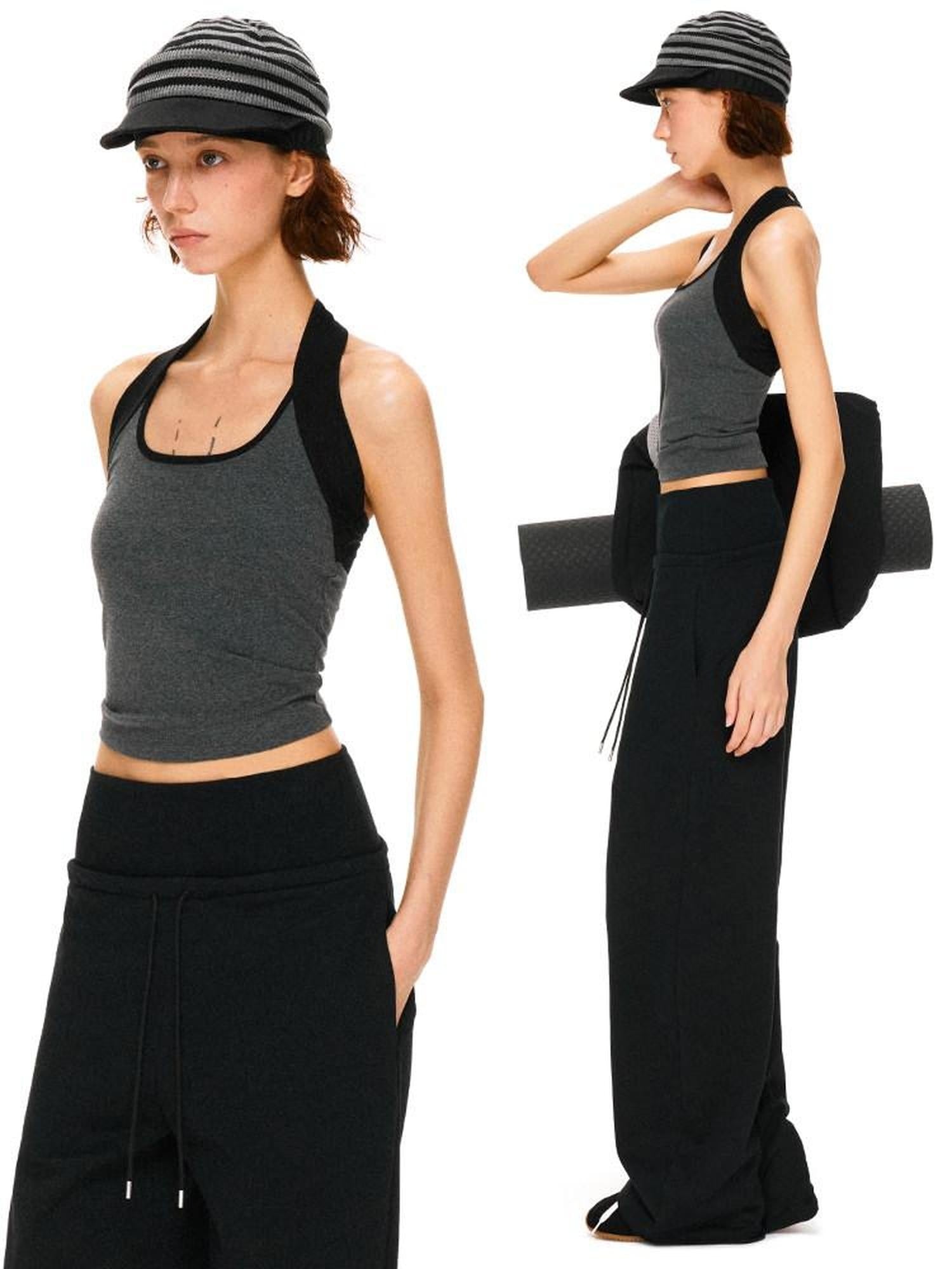 kvkv High Stretch Slim U Neck Strappy Yoga Women Cotton Blend Black Gray Tank Tops