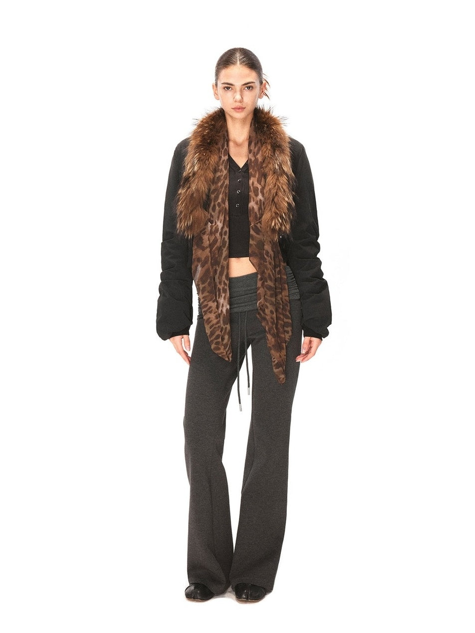 kvkv Leopard Print Cropped Oversized Lapel Zip Women Nylon Puffer Jacket