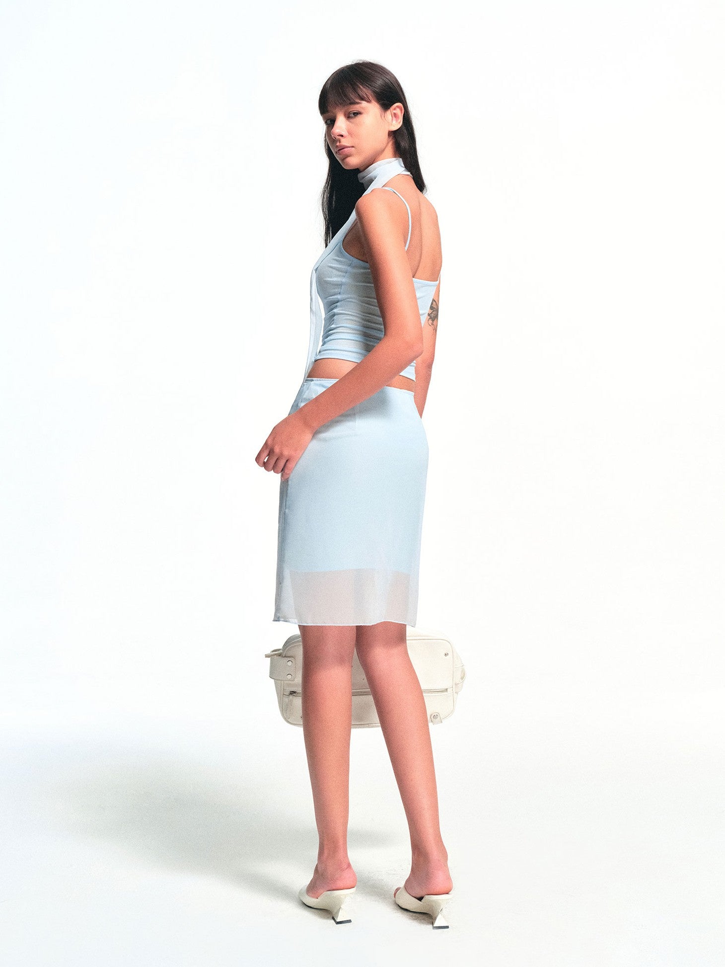 kvkv Light Blue Hem Splice Scarf Tie Waist Women&