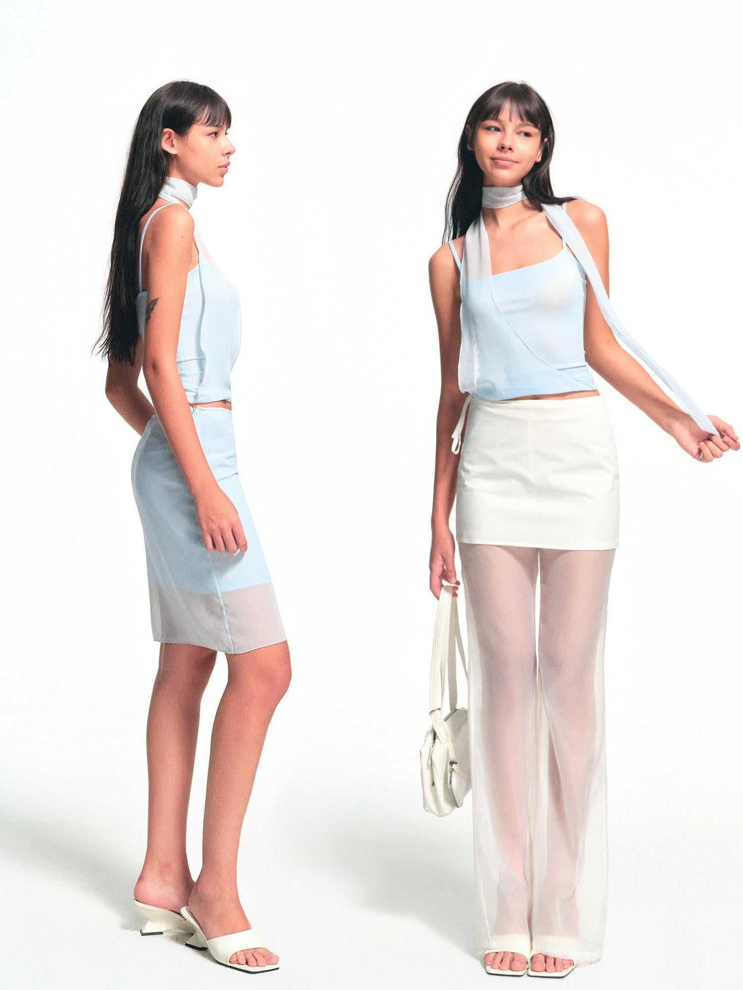 kvkv Light Blue Hem Splice Scarf Tie Waist Women&