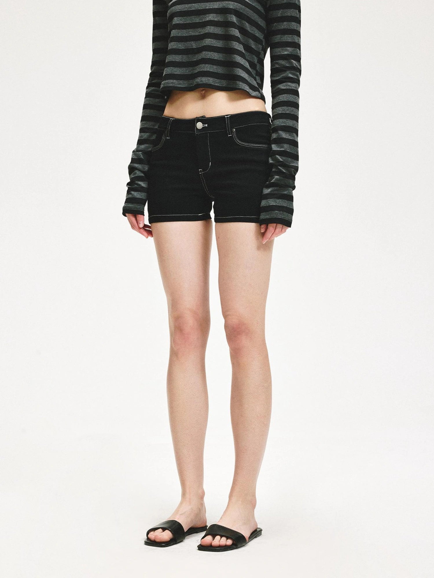 KVKV Yoga Clothing Brand - Low Rise Slim Black Distressed Denim Shorts