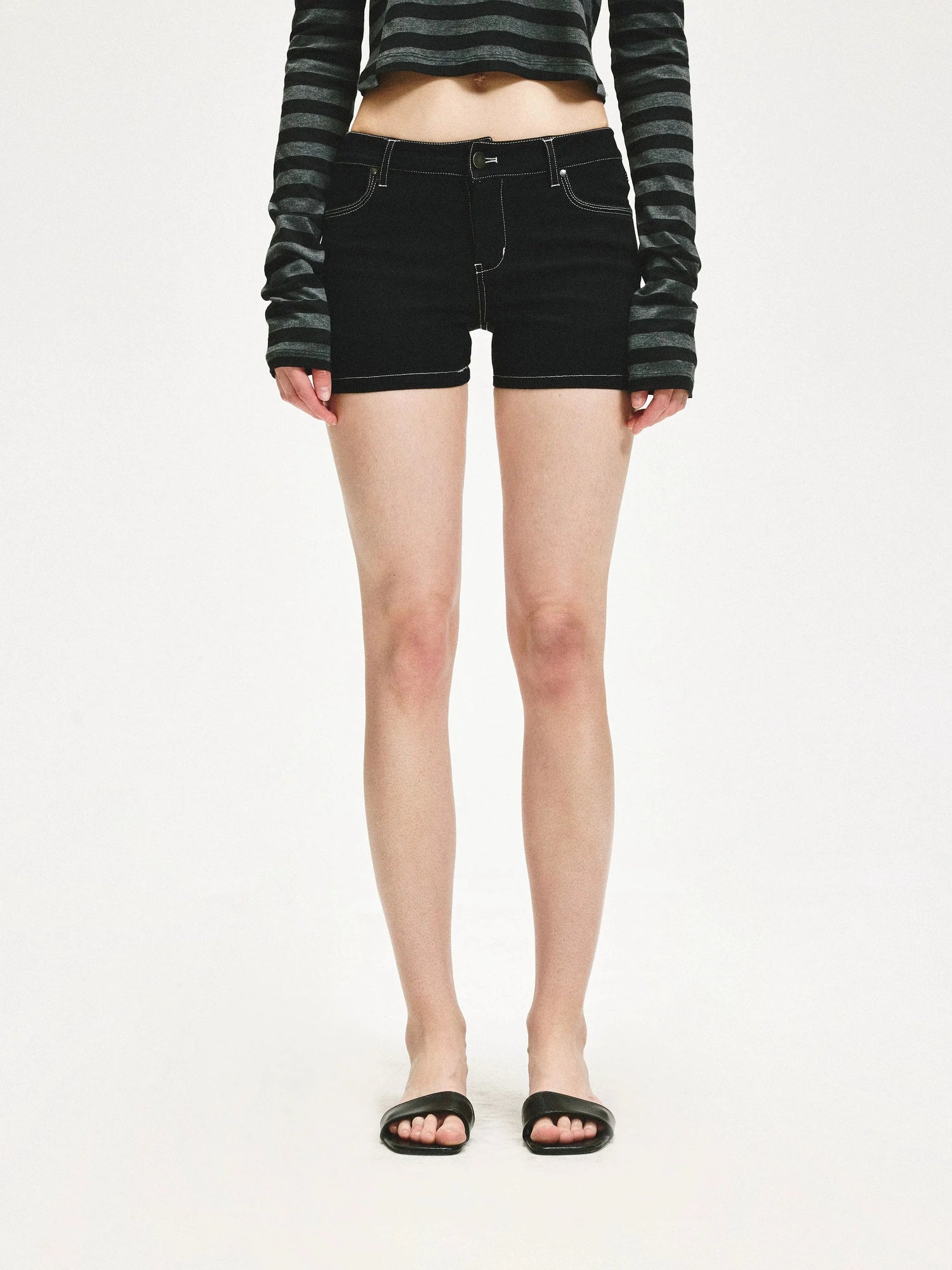 KVKV Yoga Clothing Brand - Low Rise Slim Black Distressed Denim Shorts