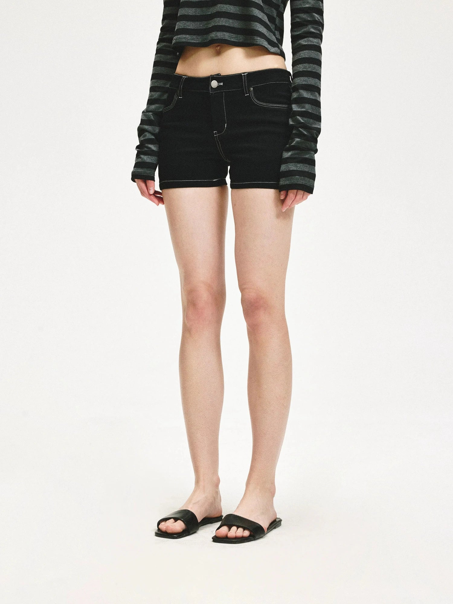 KVKV Yoga Clothing Brand - Low Rise Slim Black Distressed Denim Shorts