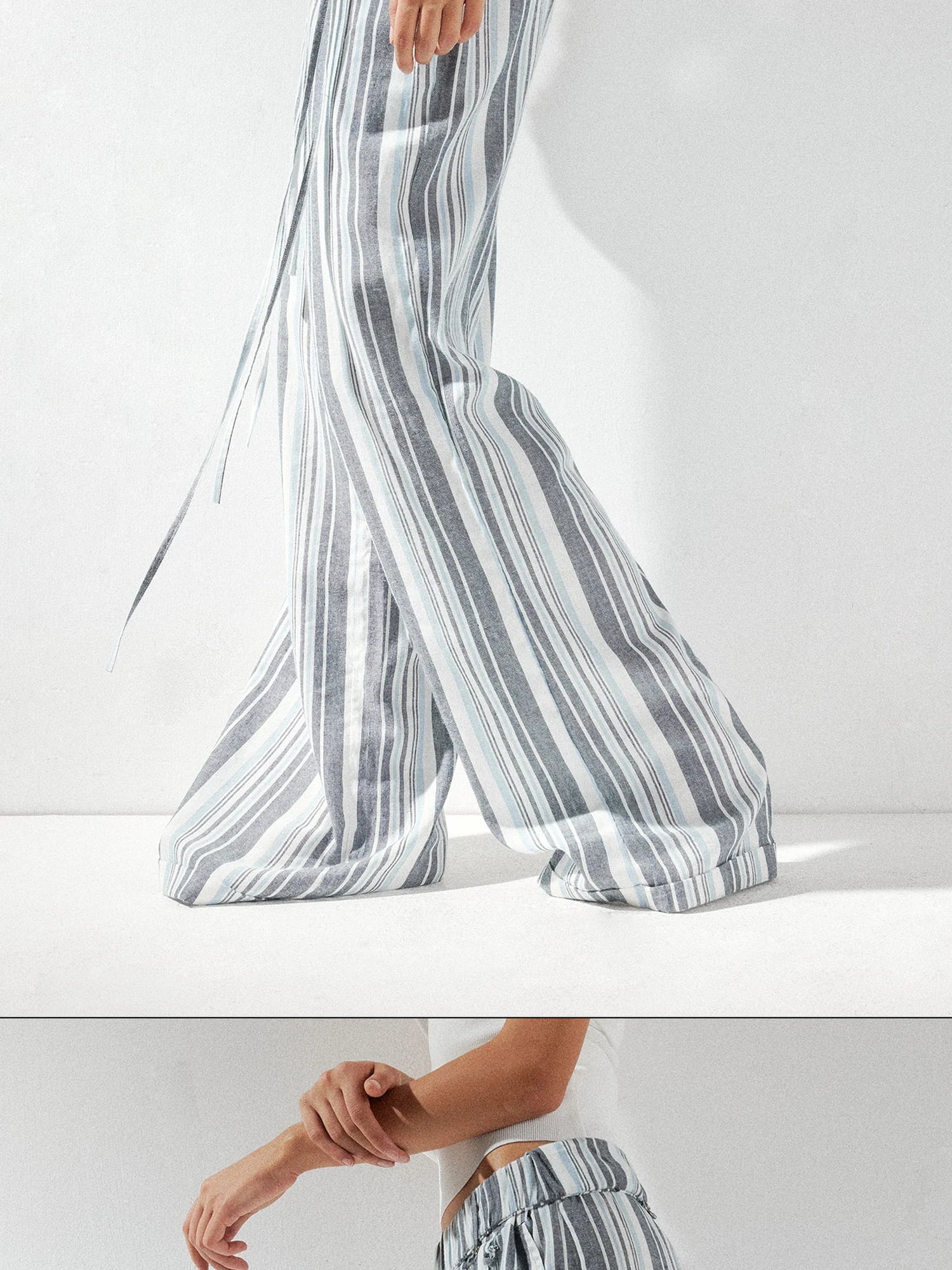 kvkv Low Waist Striped Linen Drawstring Wide Leg Pants