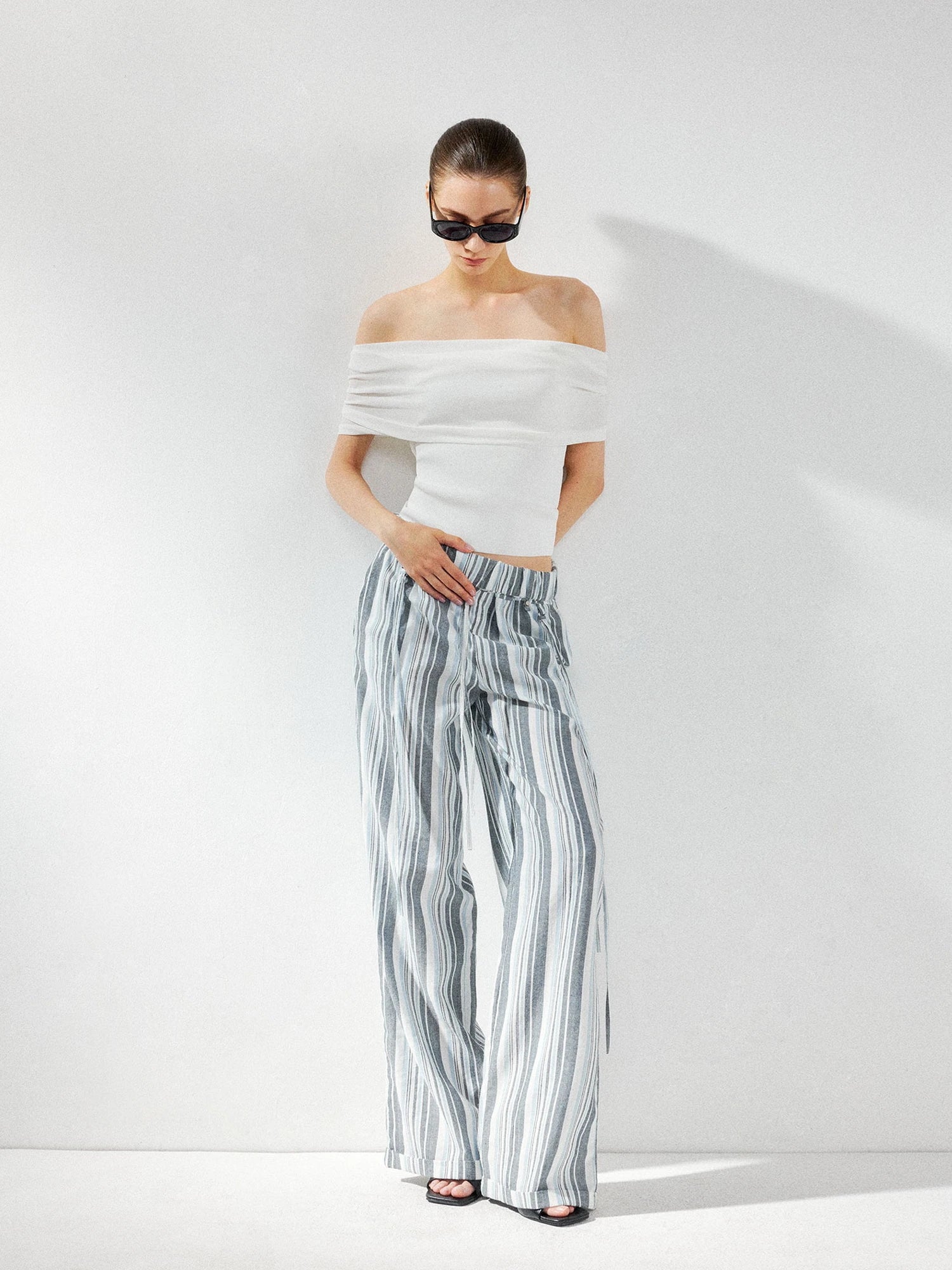 kvkv Low Waist Striped Linen Drawstring Wide Leg Pants