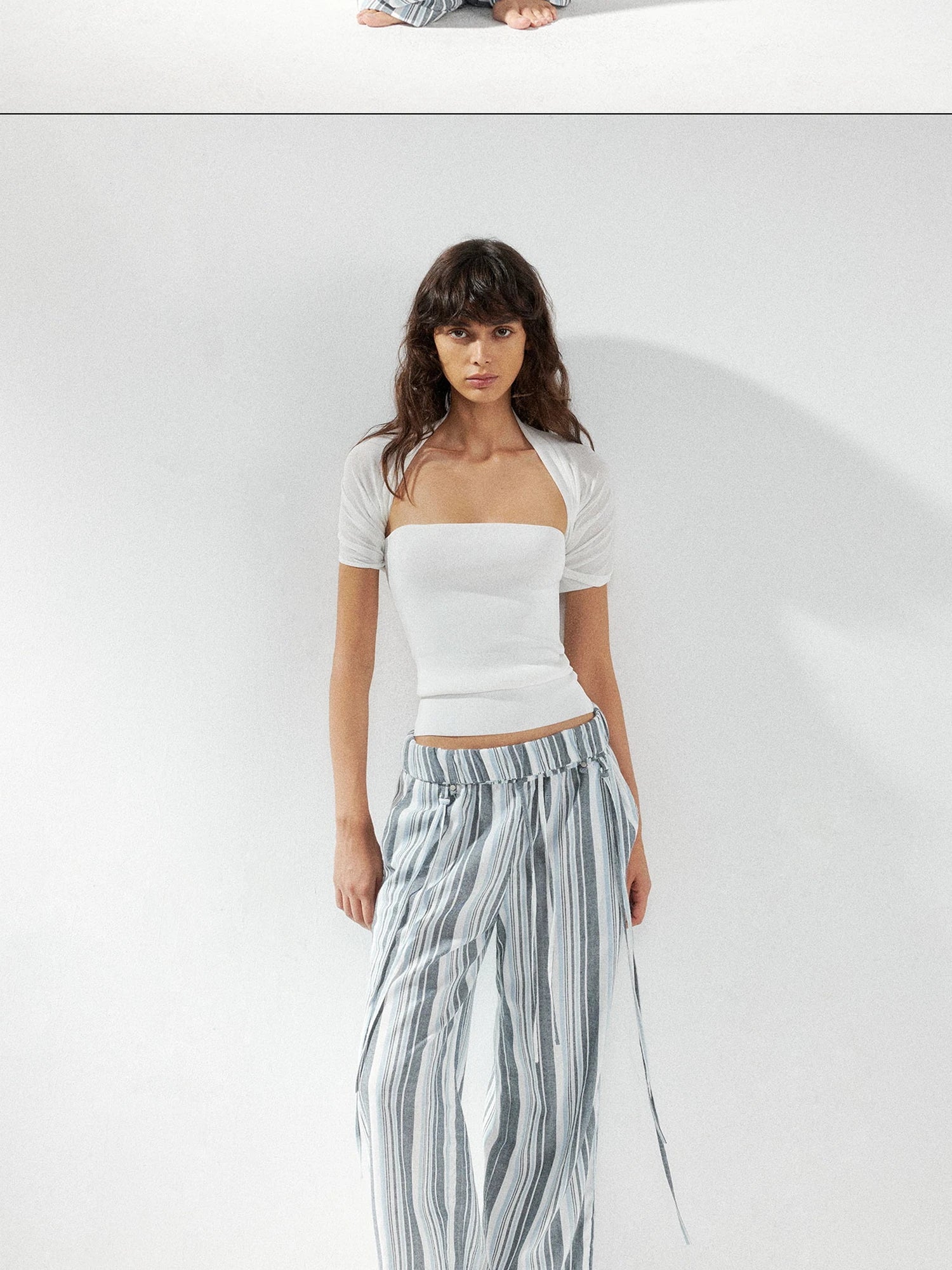 kvkv Low Waist Striped Linen Drawstring Wide Leg Pants