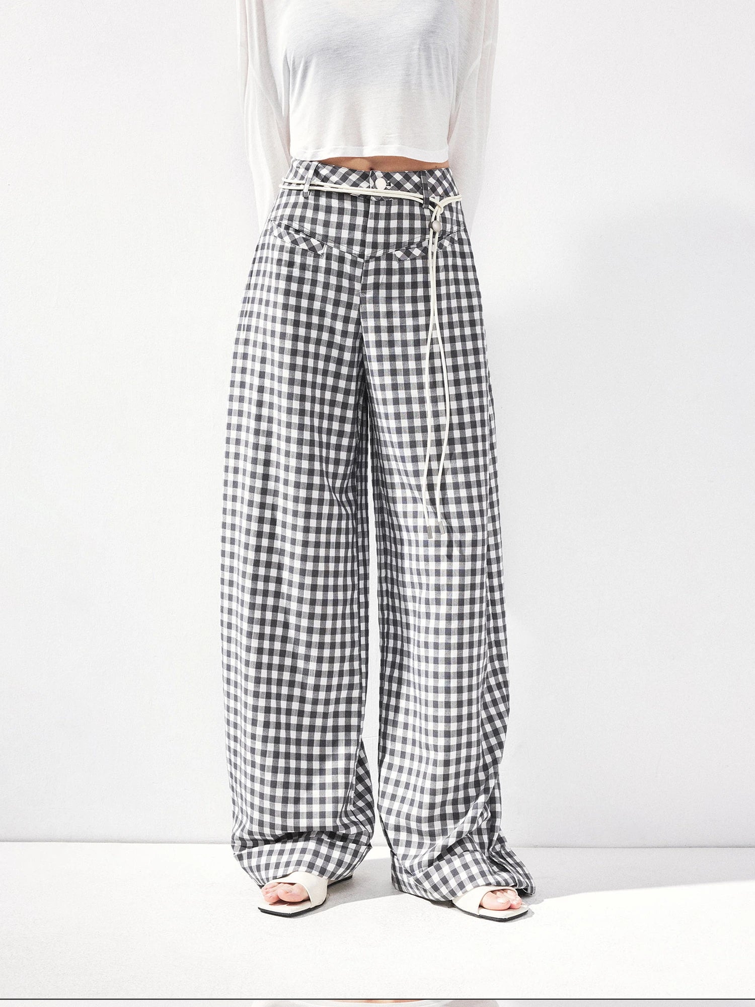 kvkv Low Waist Textured Check Wide Leg Trousers
