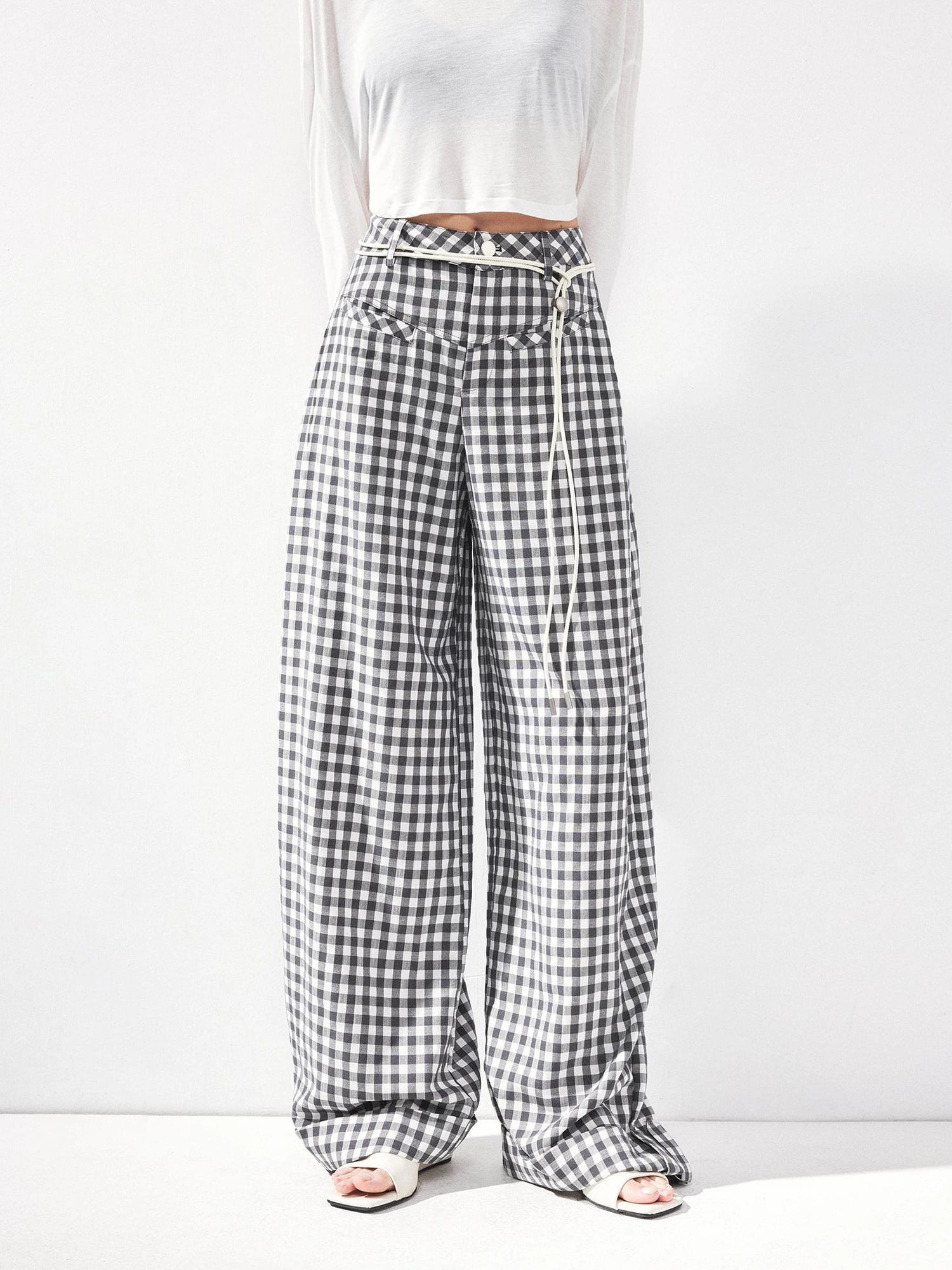 kvkv Low Waist Textured Check Wide Leg Trousers