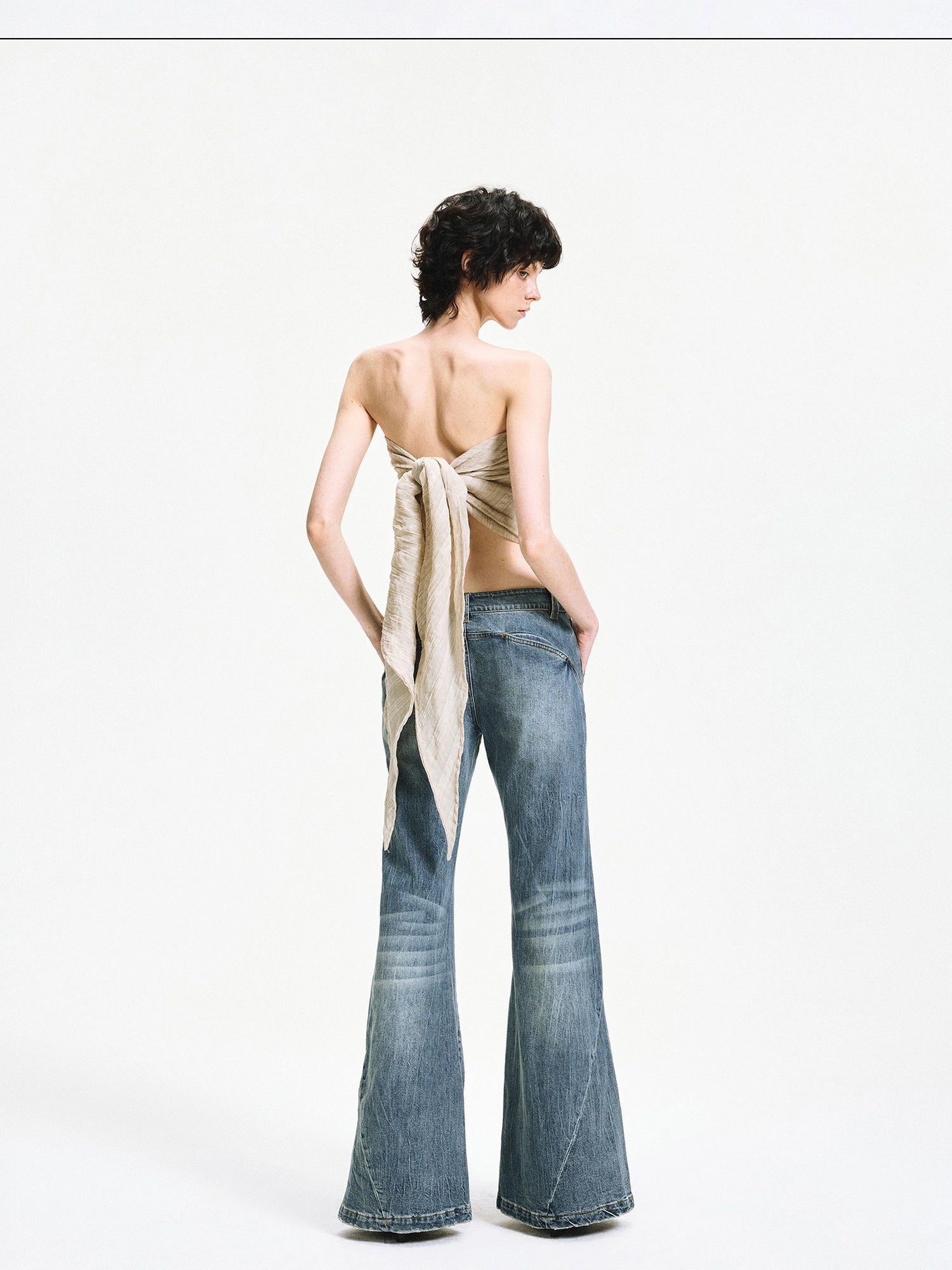 kvkv Low Waist Vintage Washed Flared Jeans With Curved Seam