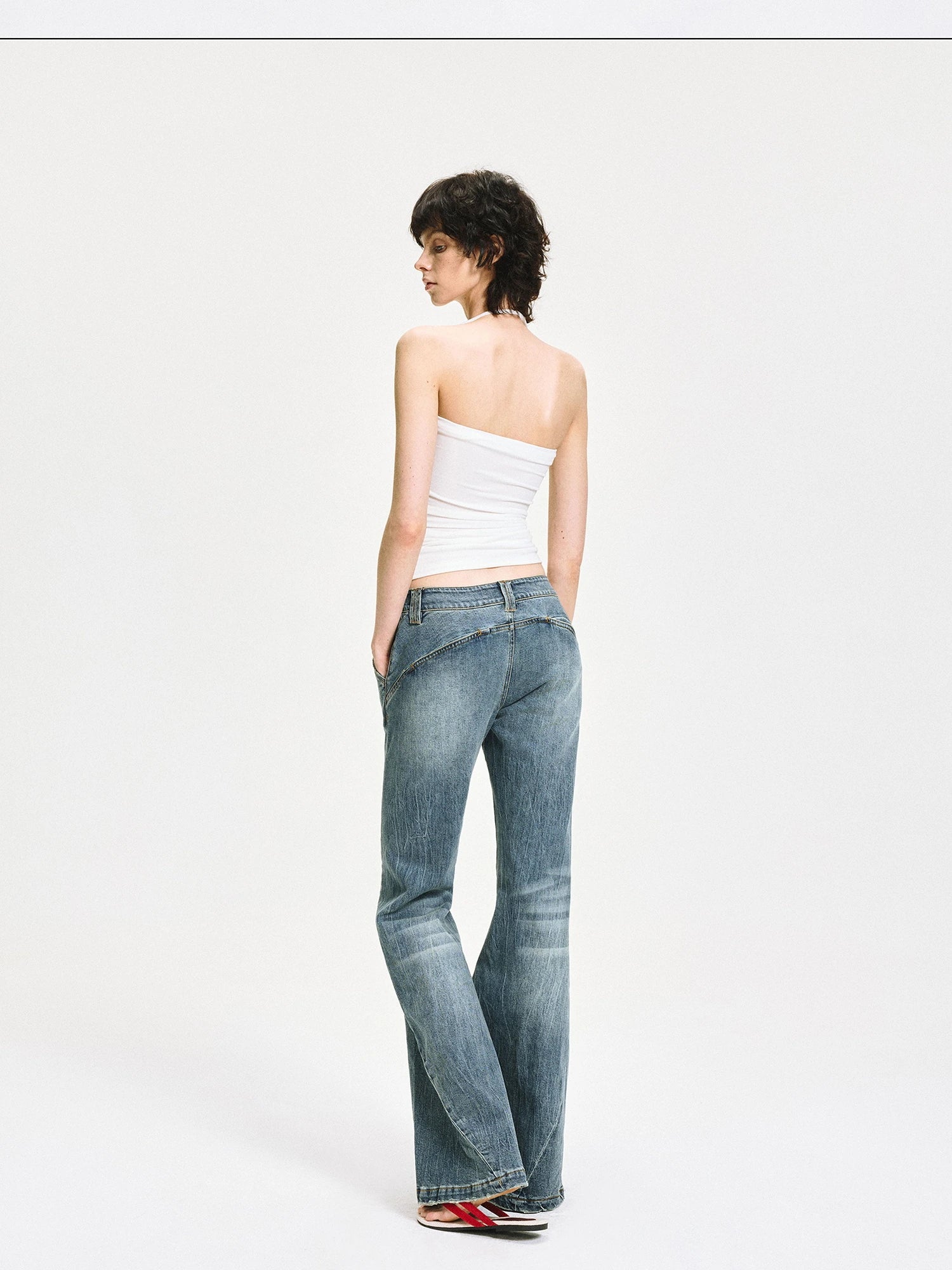 kvkv Low Waist Vintage Washed Flared Jeans With Curved Seam