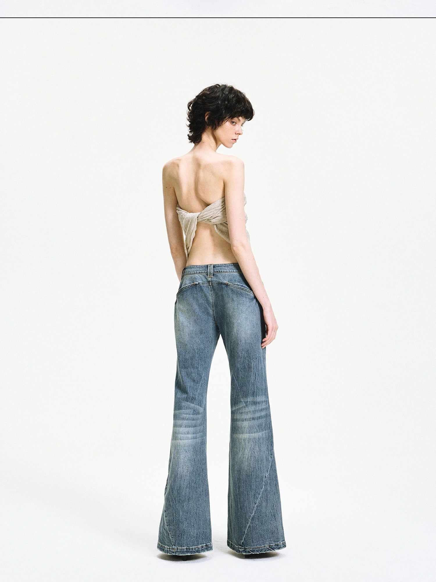 kvkv Low Waist Vintage Washed Flared Jeans With Curved Seam