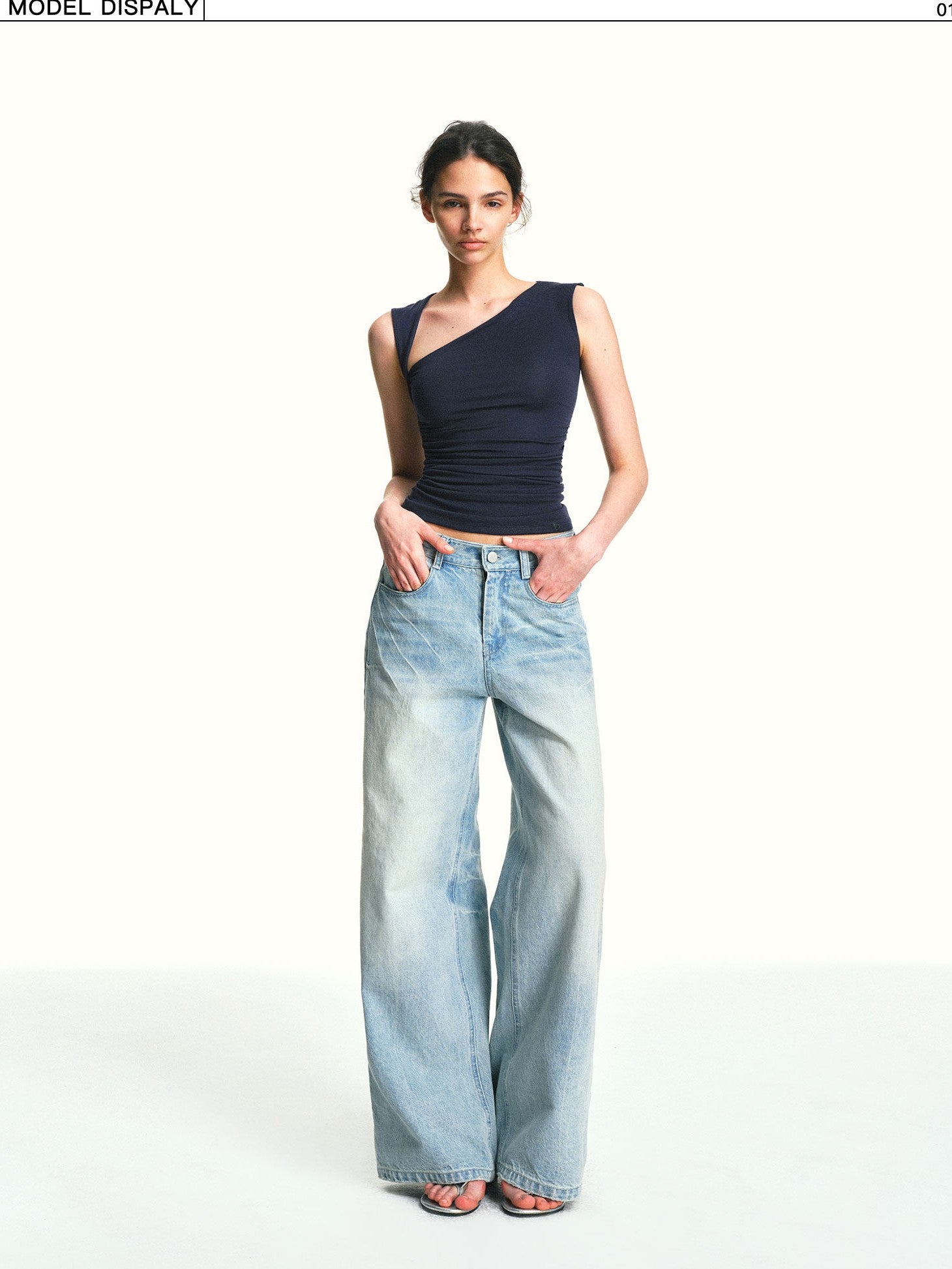 kvkv Navy Blue One Shoulder Square Neck Ruched Slim Women&