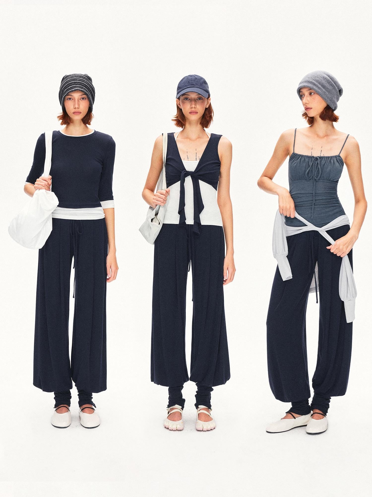 kvkv Navy Breathable Pleated Elastic Waist Women&