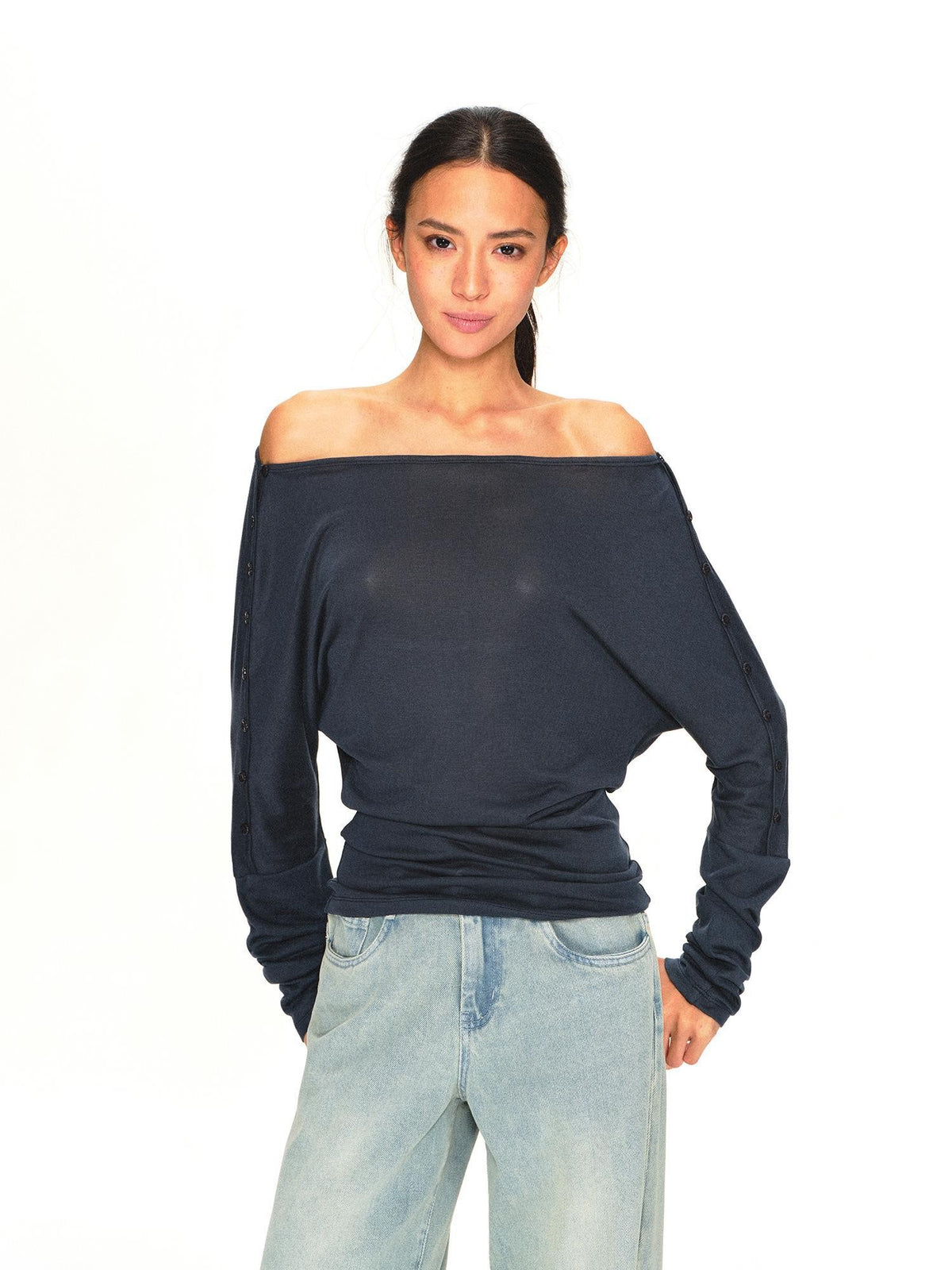 kvkv Navy One Shoulder Asymmetric Open Back Buttoned Loose Women&