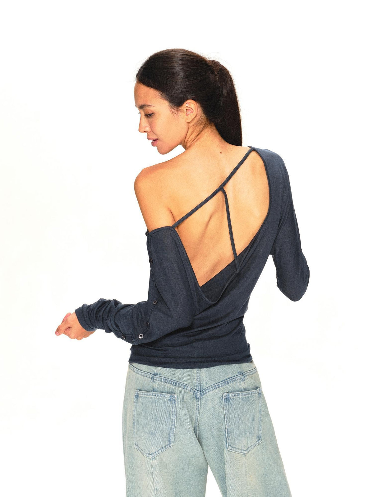kvkv Navy One Shoulder Asymmetric Open Back Buttoned Loose Women&