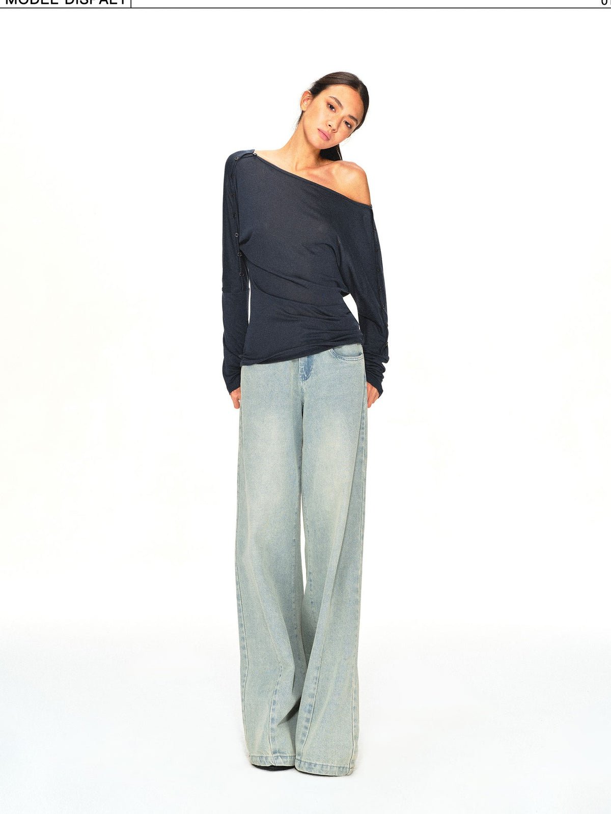 kvkv Navy One Shoulder Asymmetric Open Back Buttoned Loose Women&