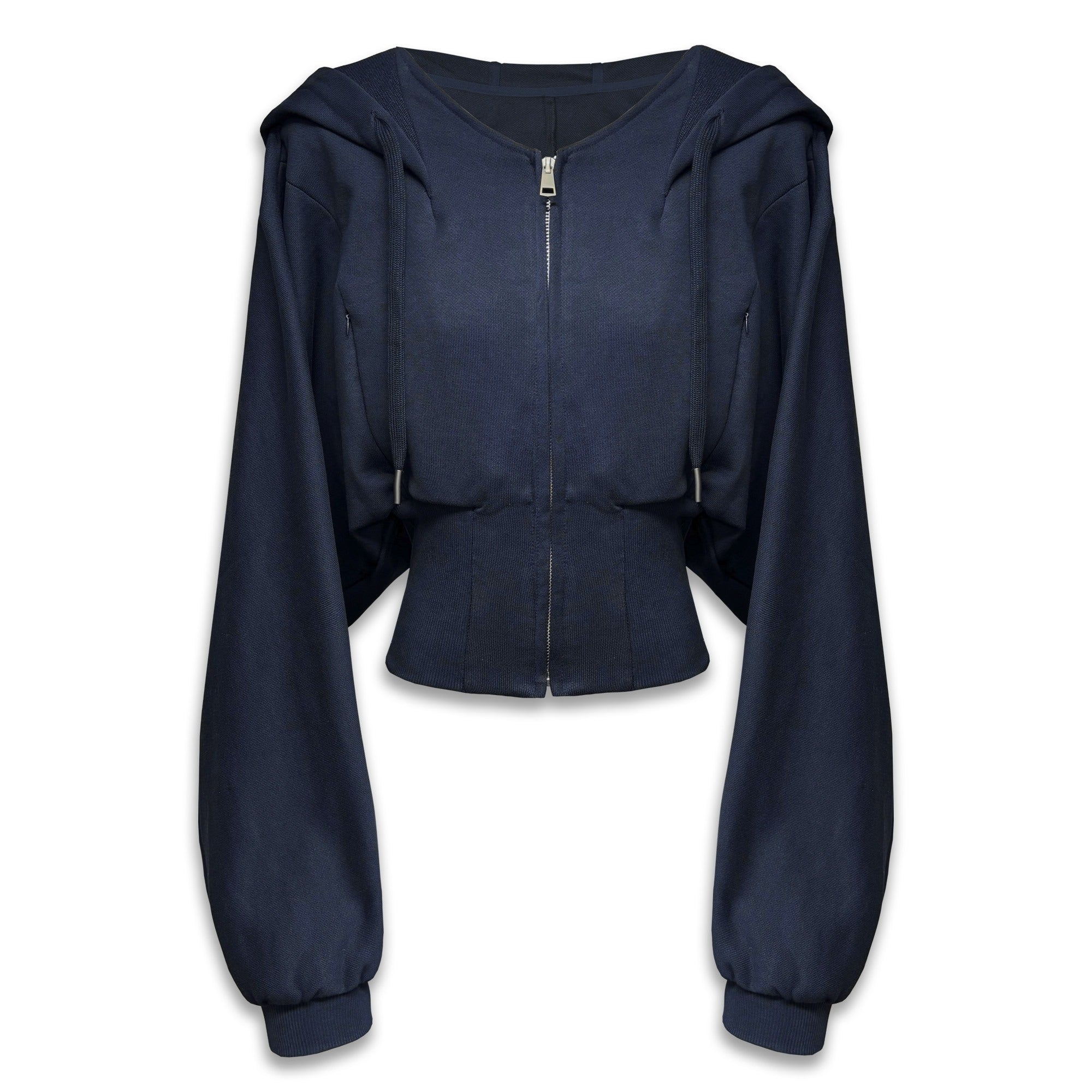 kvkv_Navy_Oversized_Wide_Rib_Zip_Fold_Collar_Cinched_Waist_Women&