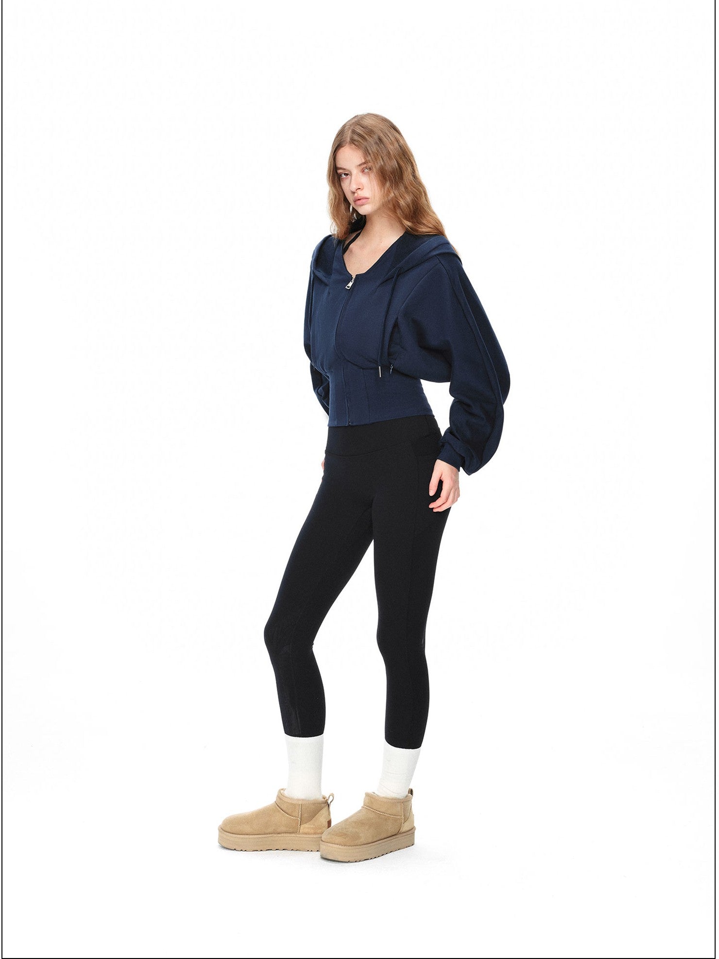 kvkv Navy Oversized Wide Rib Zip Fold Collar Cinched Waist Women&