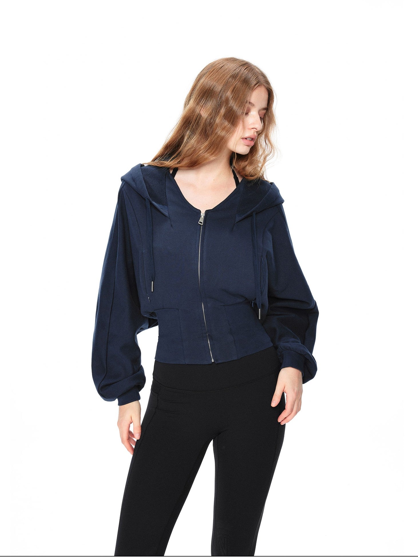 kvkv Navy Oversized Wide Rib Zip Fold Collar Cinched Waist Women&