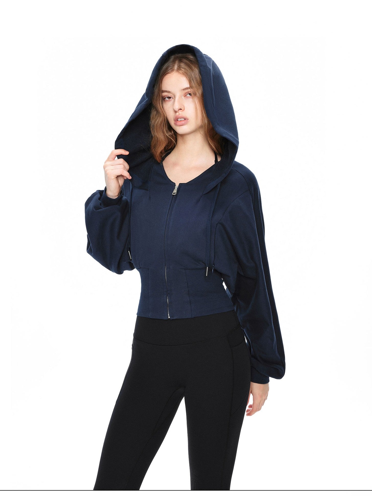 kvkv Navy Oversized Wide Rib Zip Fold Collar Cinched Waist Women&