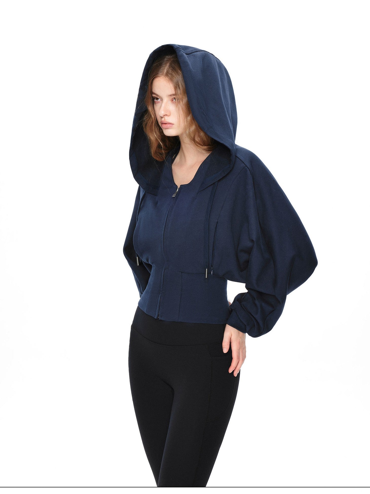 kvkv Navy Oversized Wide Rib Zip Fold Collar Cinched Waist Women&