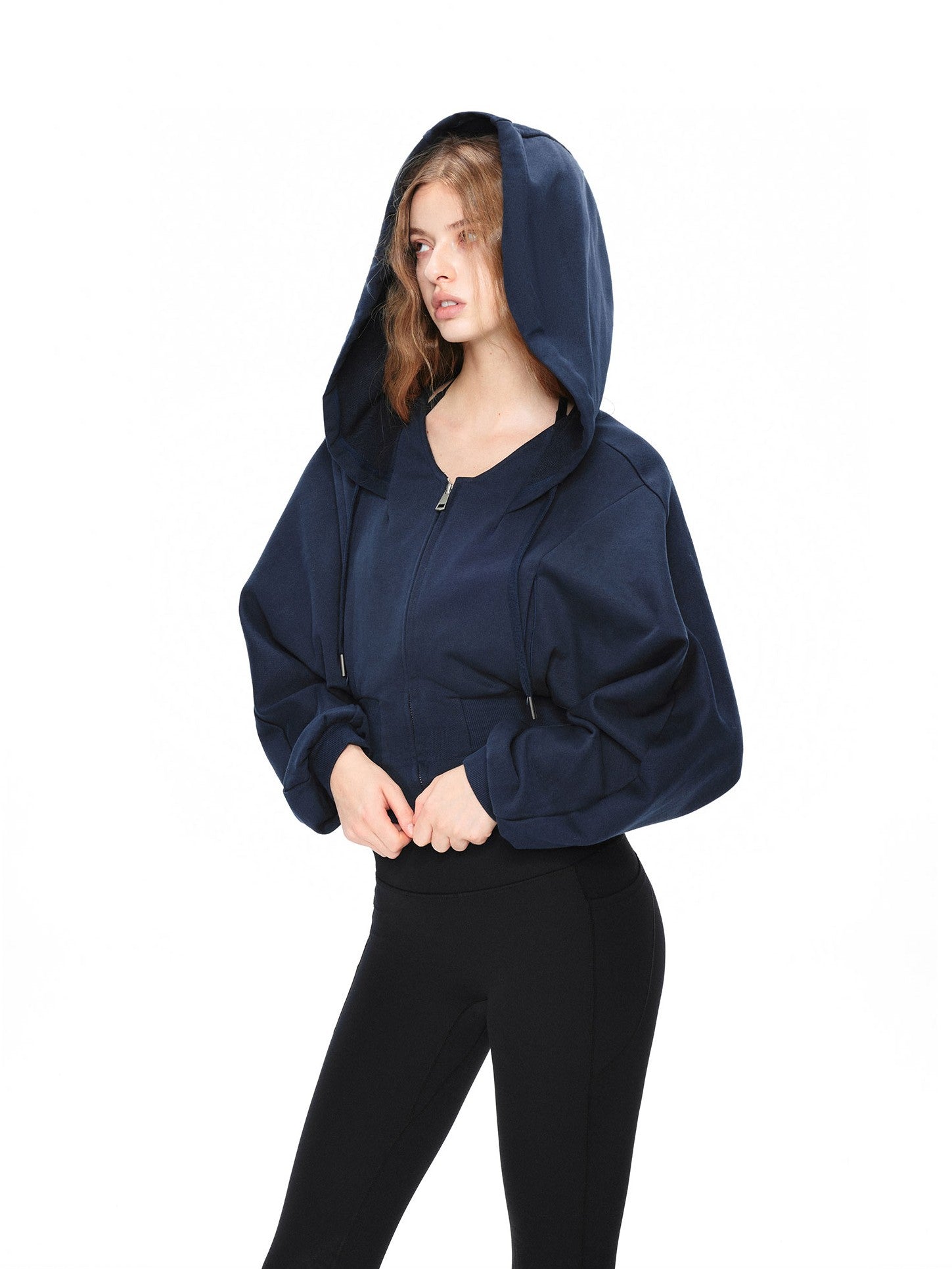 kvkv Navy Oversized Wide Rib Zip Fold Collar Cinched Waist Women&