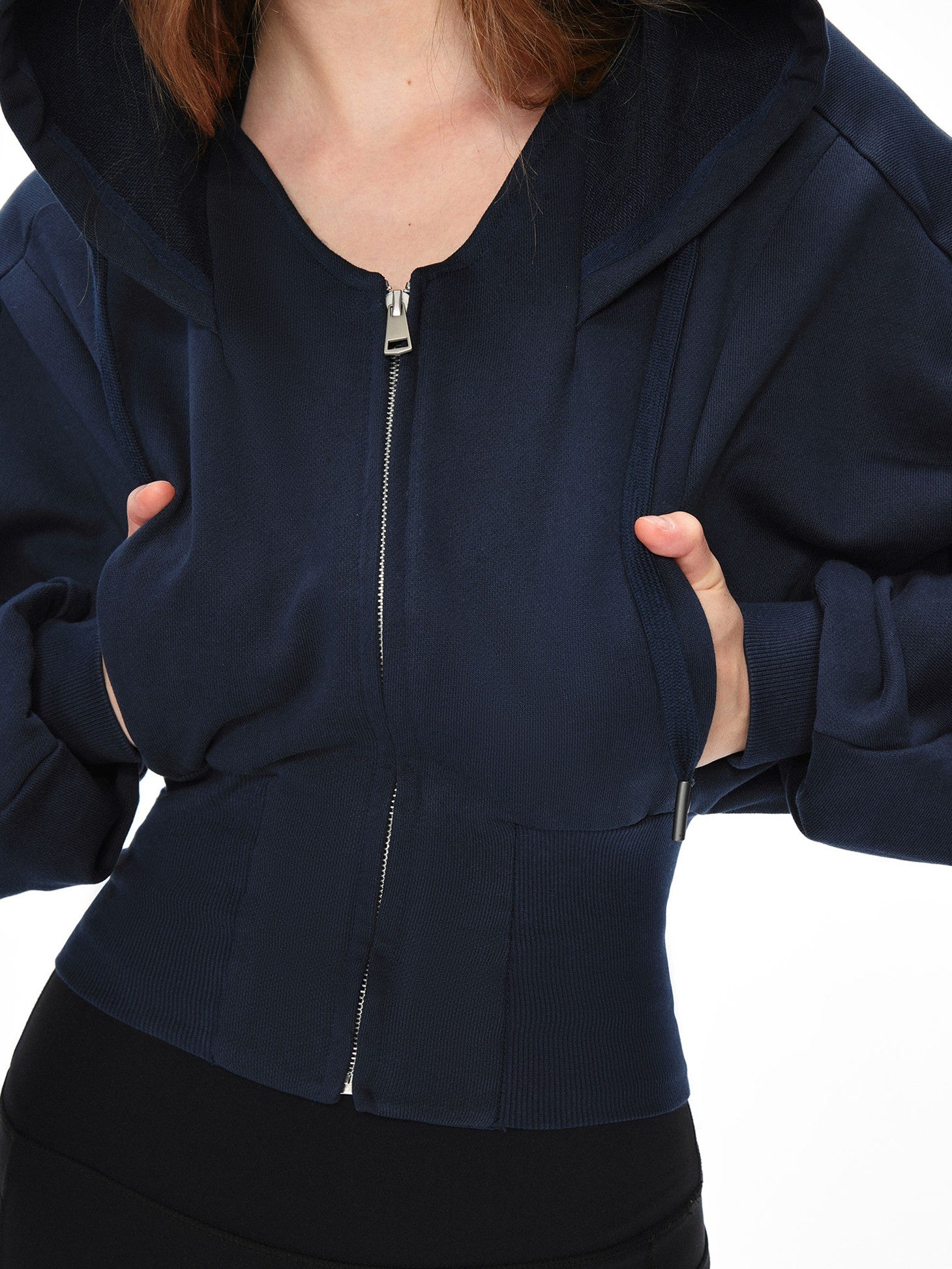 kvkv Navy Oversized Wide Rib Zip Fold Collar Cinched Waist Women&
