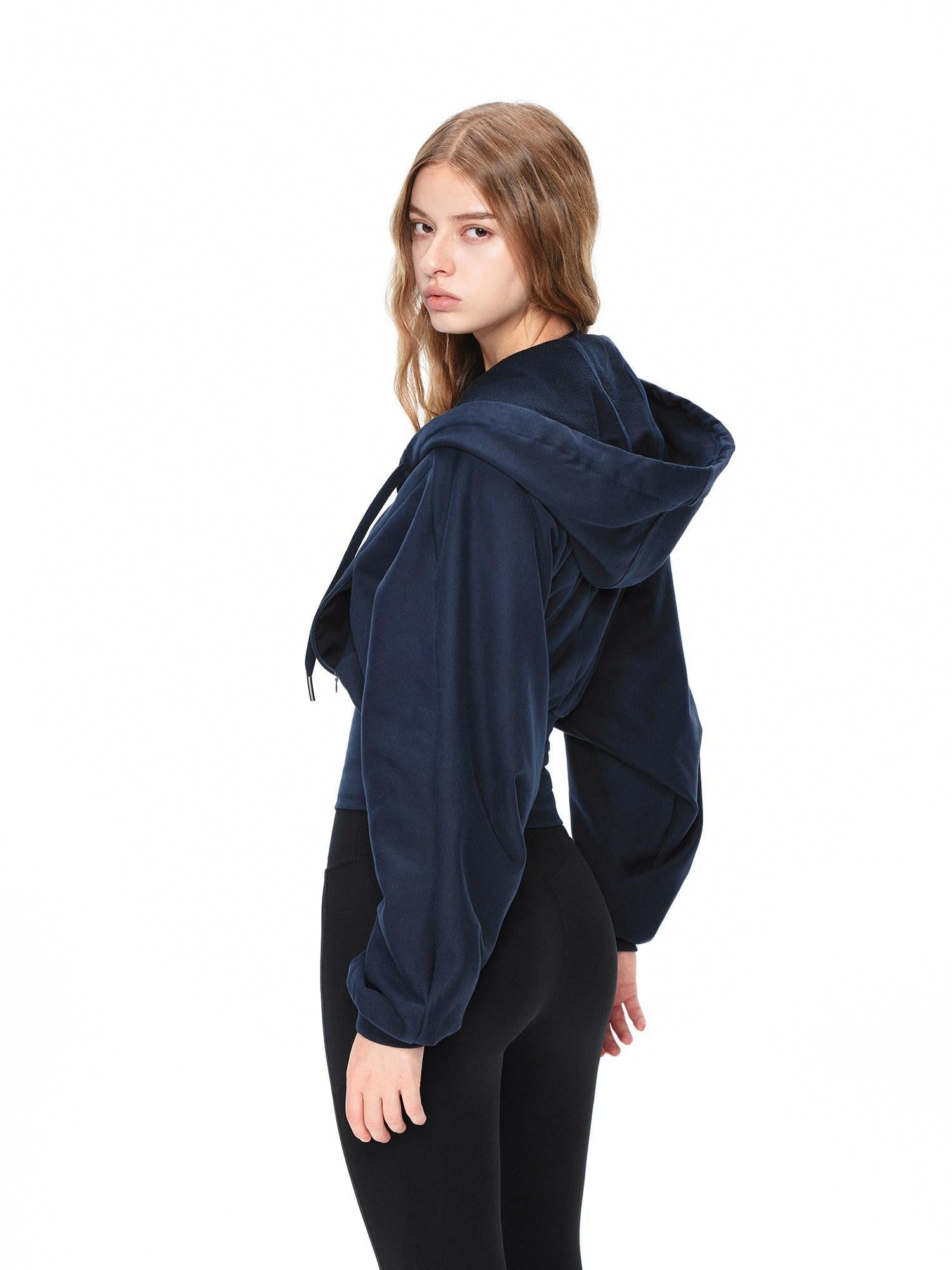 kvkv Navy Oversized Wide Rib Zip Fold Collar Cinched Waist Women&