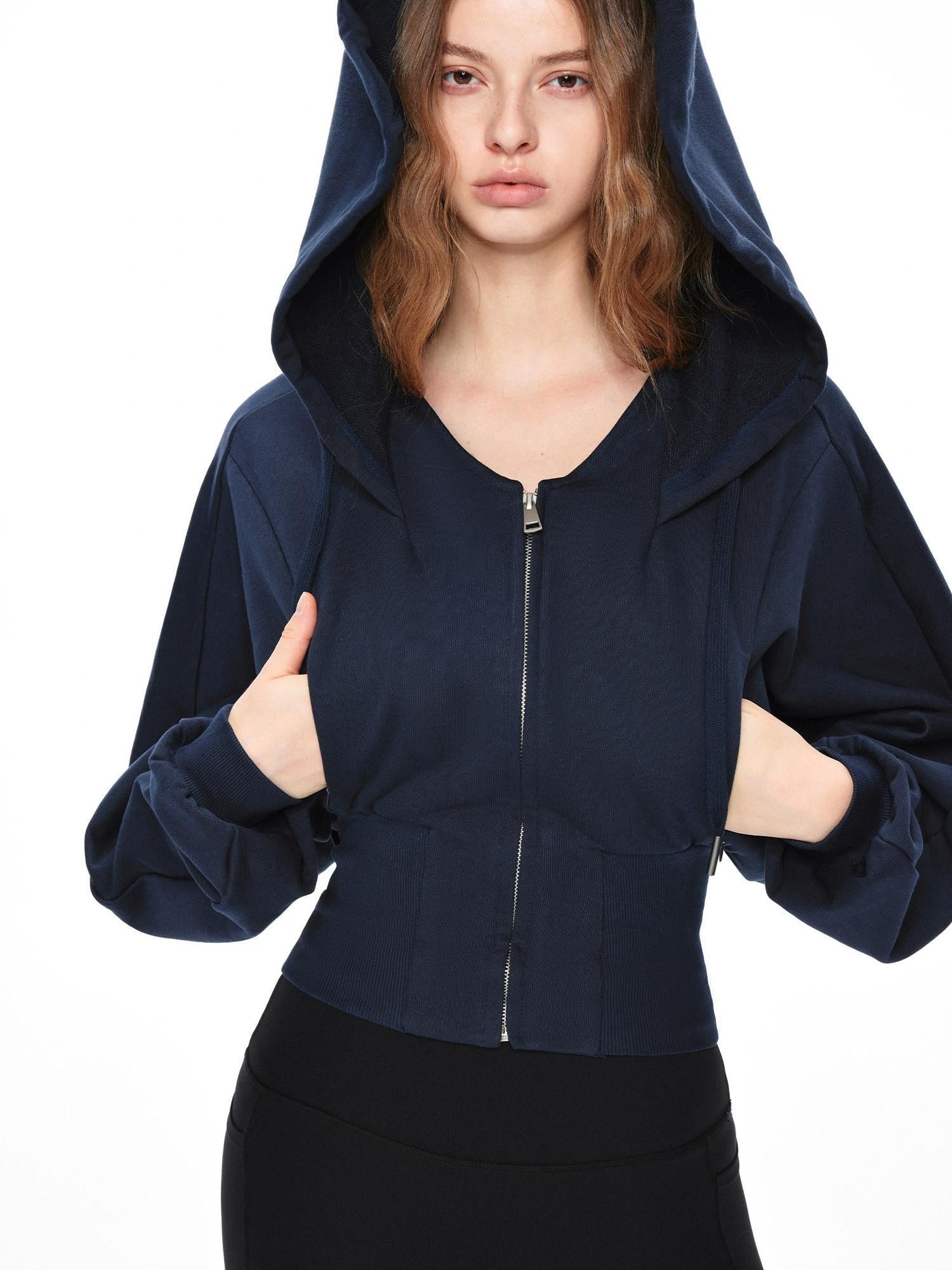 kvkv Navy Oversized Wide Rib Zip Fold Collar Cinched Waist Women&