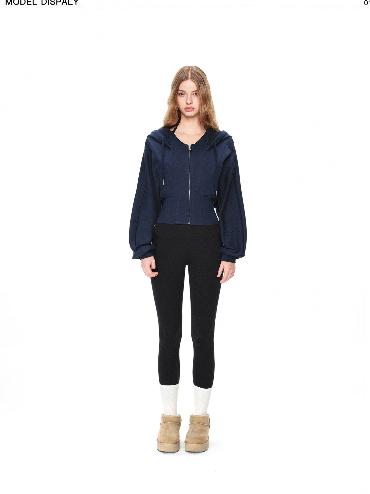 kvkv Navy Oversized Wide Rib Zip Fold Collar Cinched Waist Women&