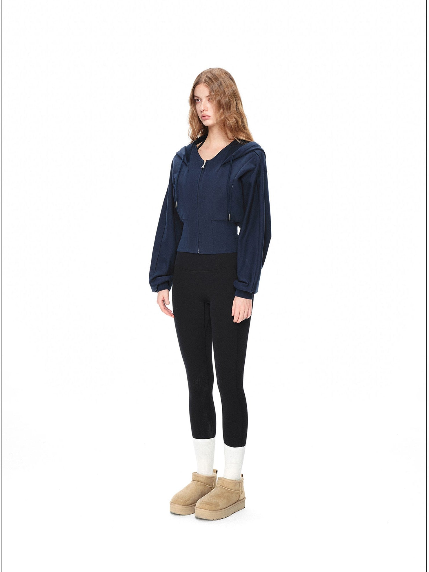 kvkv Navy Oversized Wide Rib Zip Fold Collar Cinched Waist Women&
