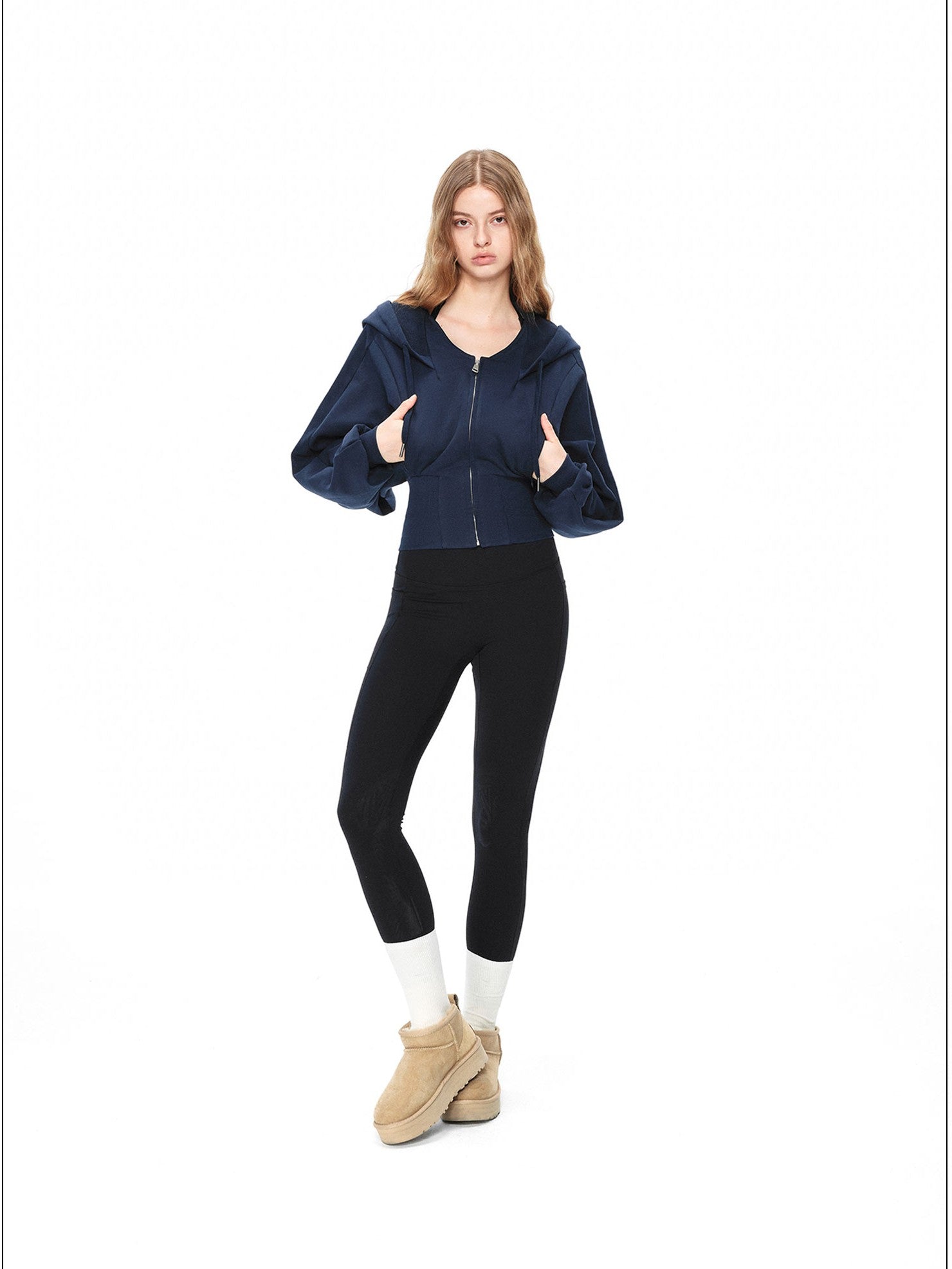 kvkv Navy Oversized Wide Rib Zip Fold Collar Cinched Waist Women&