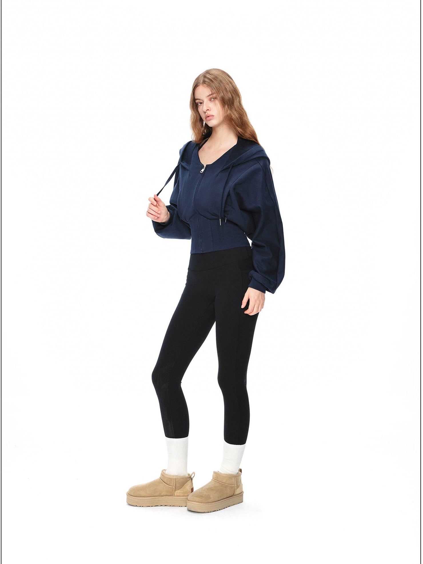 kvkv Navy Oversized Wide Rib Zip Fold Collar Cinched Waist Women&