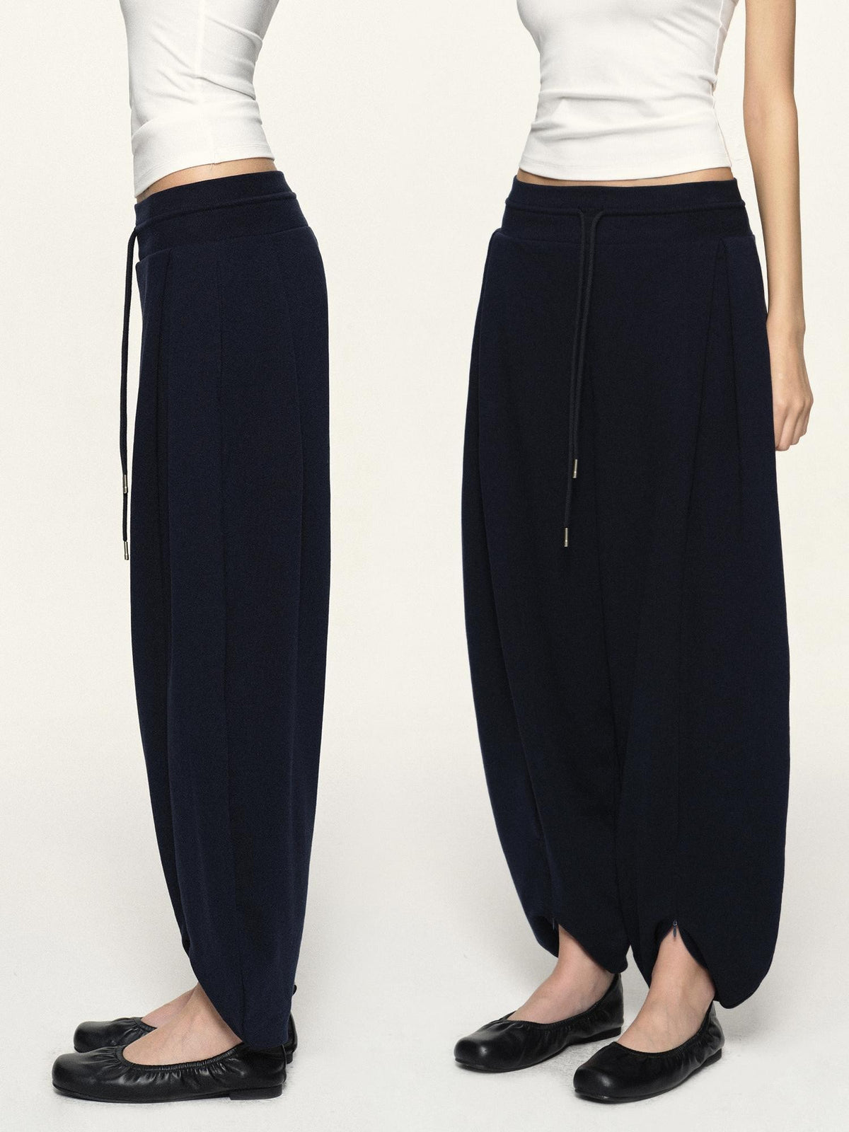 kvkv Navy Wide Waist Drawstring Zip Cuff Cocoon Stretch Women&