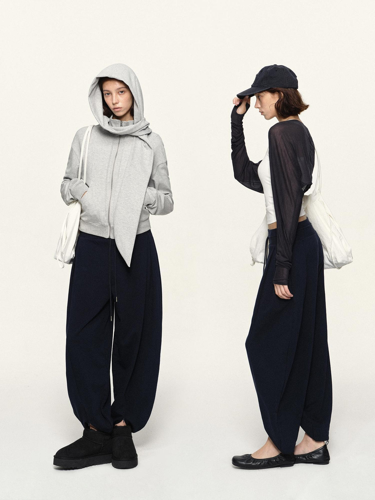 kvkv Navy Wide Waist Drawstring Zip Cuff Cocoon Stretch Women&