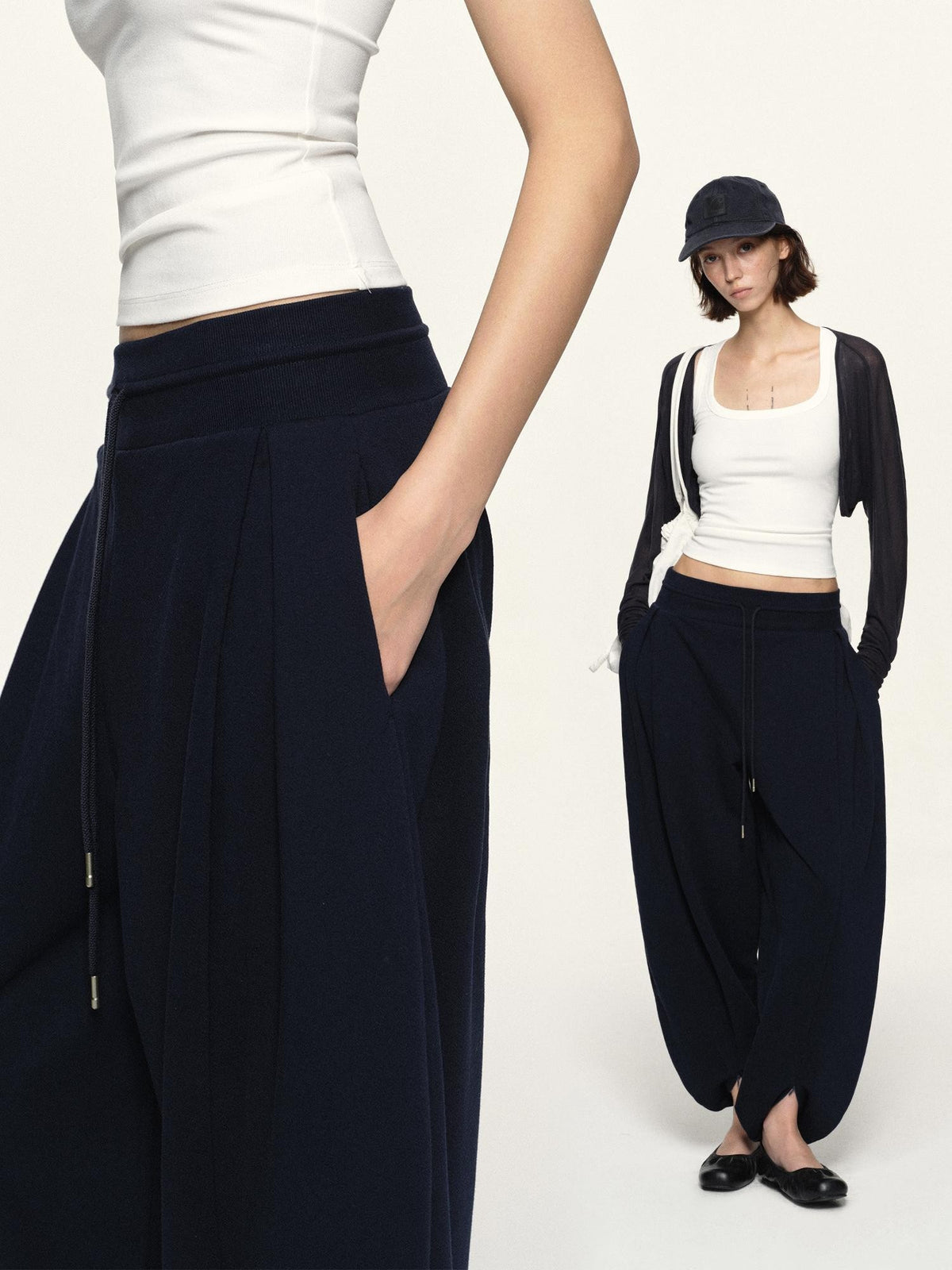 kvkv Navy Wide Waist Drawstring Zip Cuff Cocoon Stretch Women&