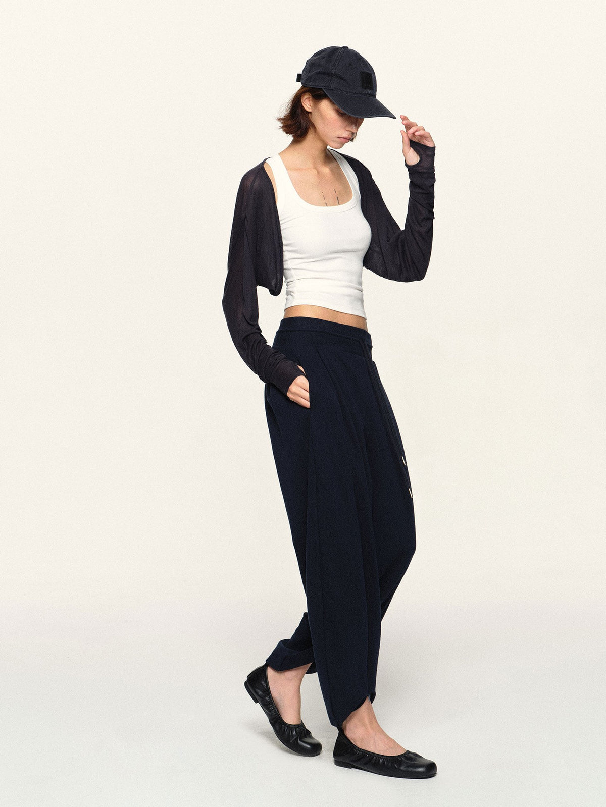 kvkv Navy Wide Waist Drawstring Zip Cuff Cocoon Stretch Women&