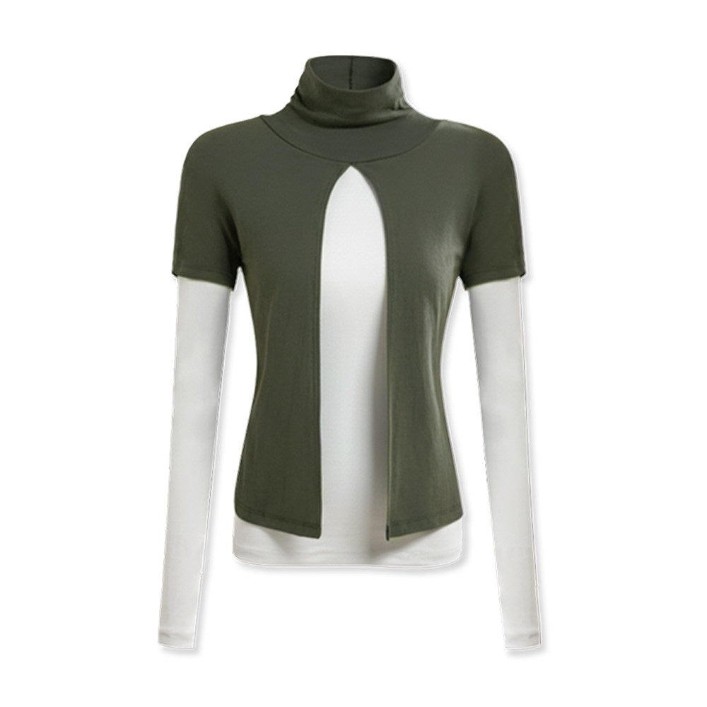 kvkv_Oak_Green_Spliced_Sleeve_Mock_Neck_Women&