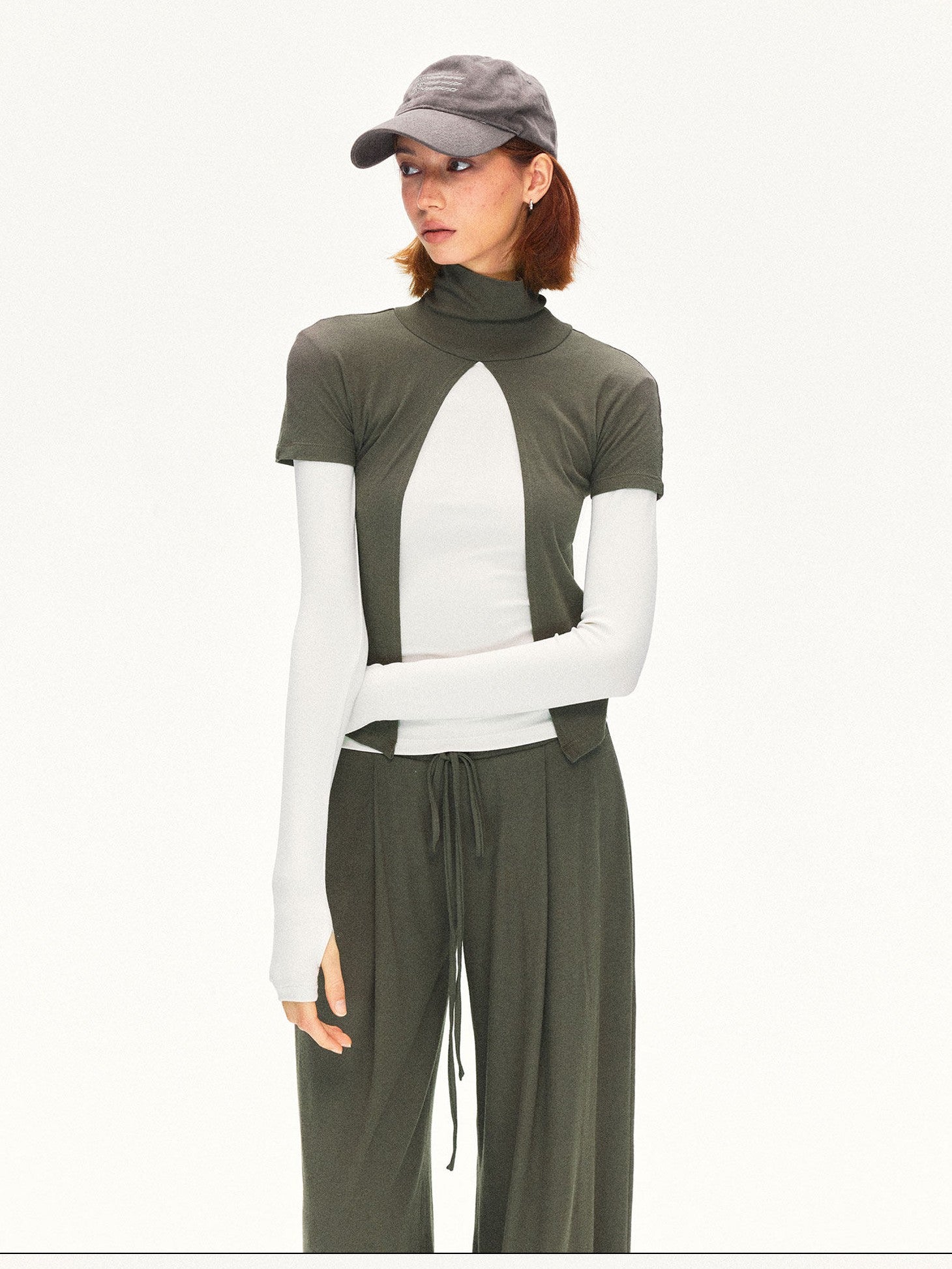 kvkv Oak Green Spliced Sleeve Mock Neck Women&