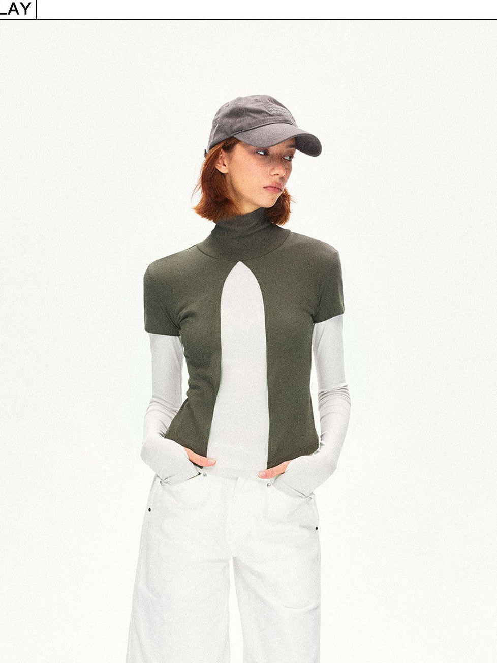 kvkv Oak Green Spliced Sleeve Mock Neck Women&