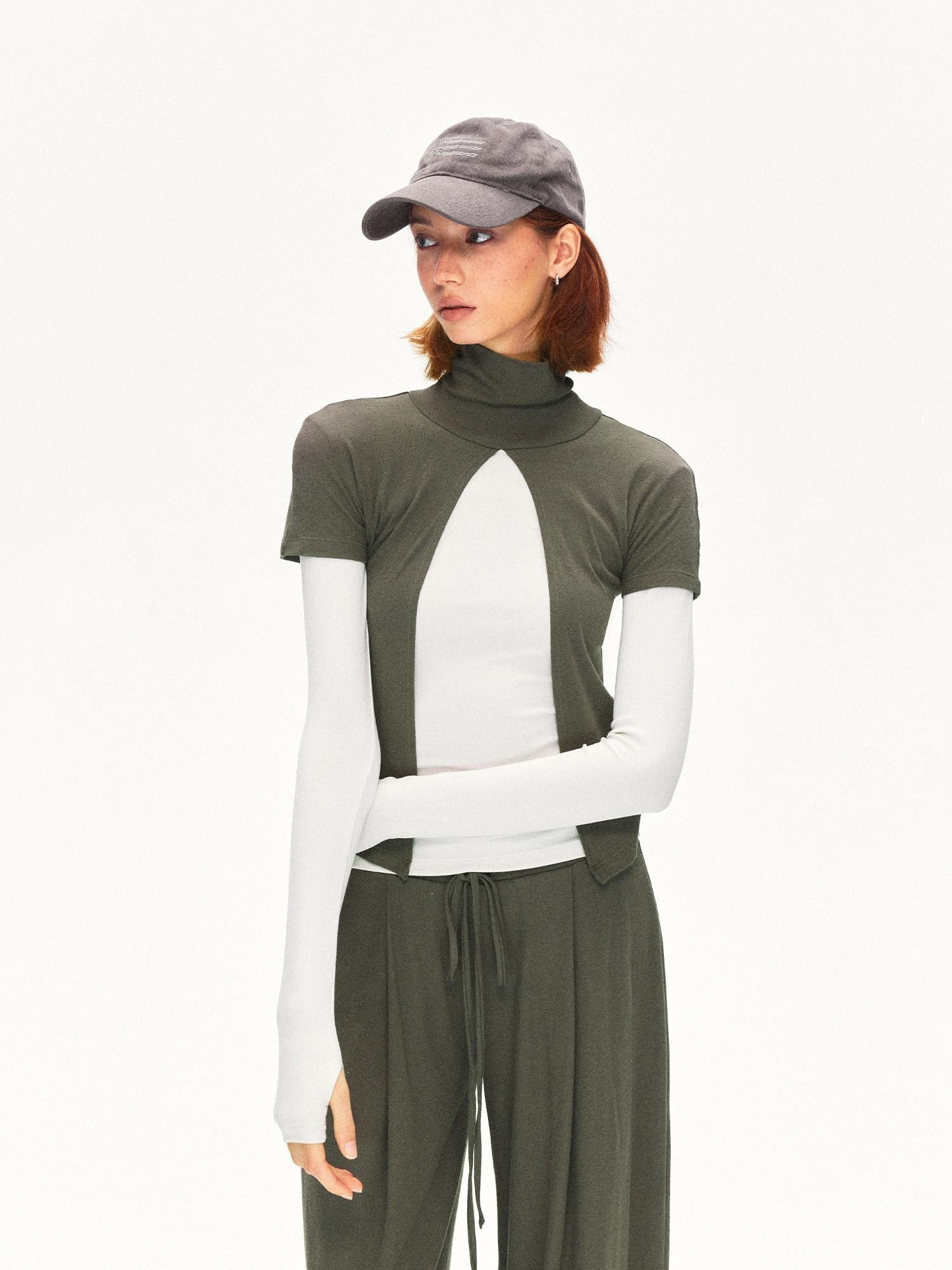 kvkv Oak Green Spliced Sleeve Mock Neck Women&